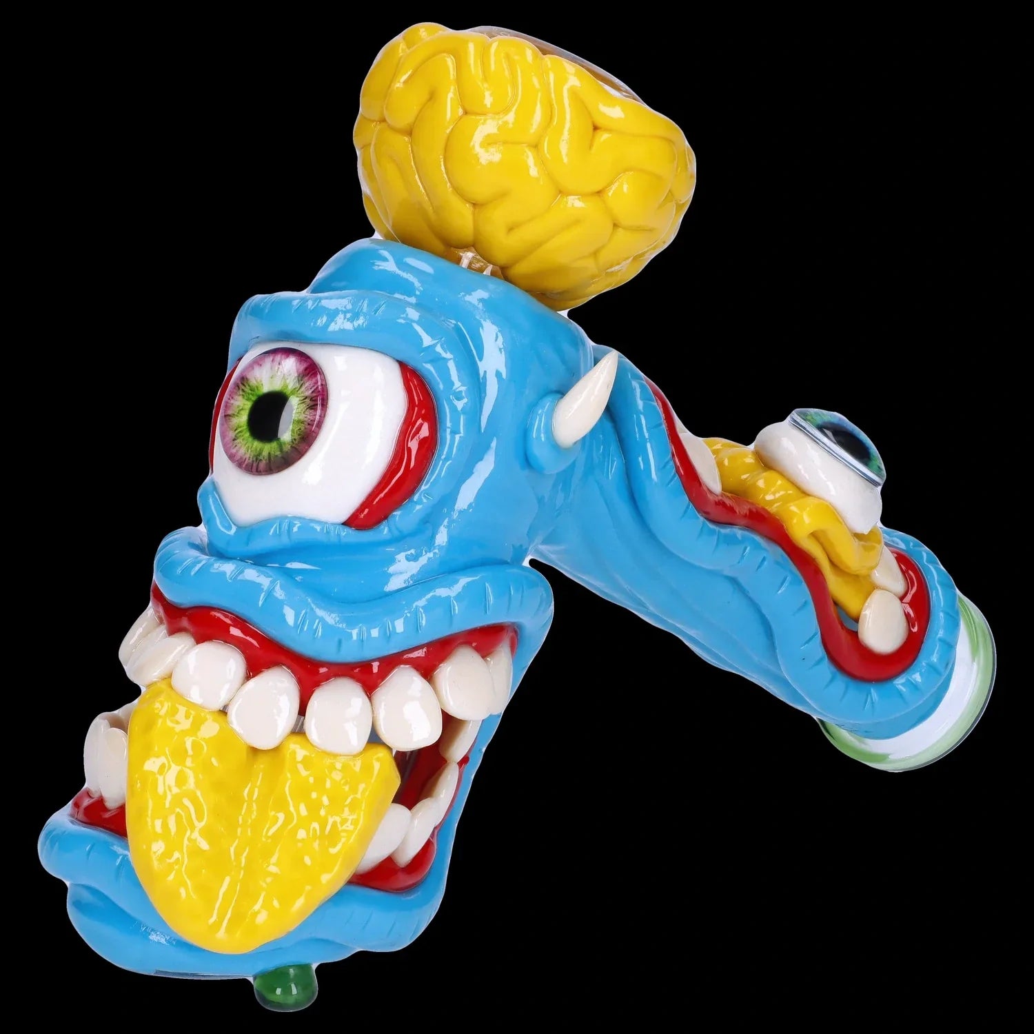 A detailed side view of the Clay Monster Hammer Bubbler, showcasing its colorful, monster-themed design and unique shape.