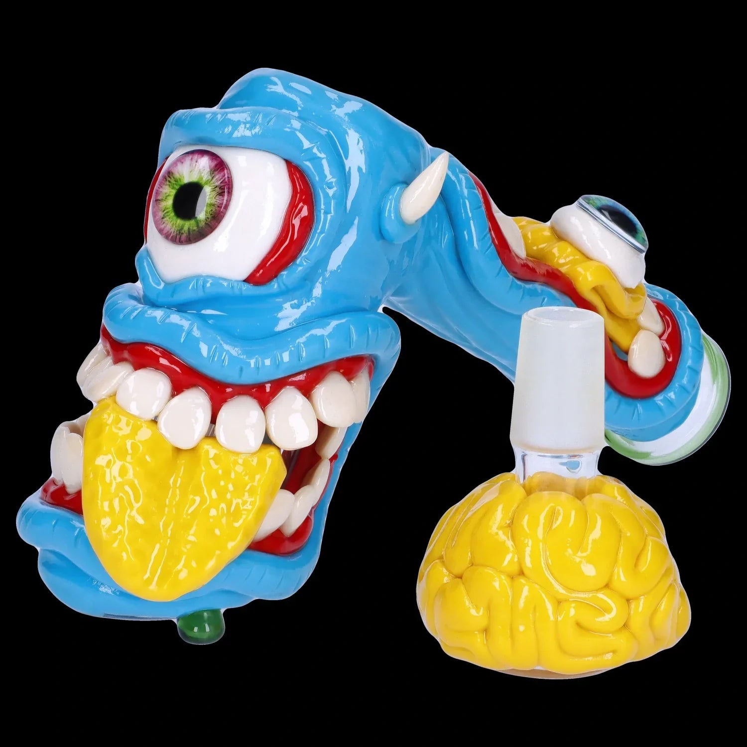 A side view of the Clay Monster Hammer Bubbler, showcasing its colorful, sculpted design and unique shape.