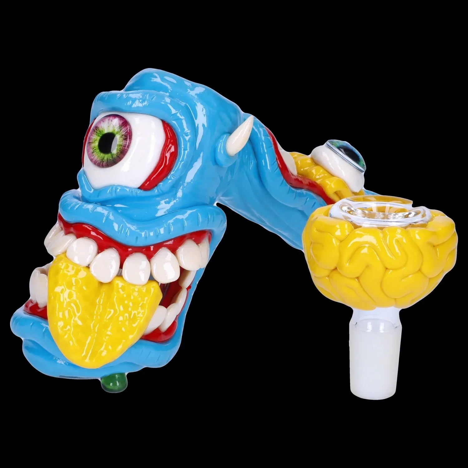 Front view of the Clay Monster Hammer Bubbler, a colorful, sculpted glass piece resembling a monster’s face.