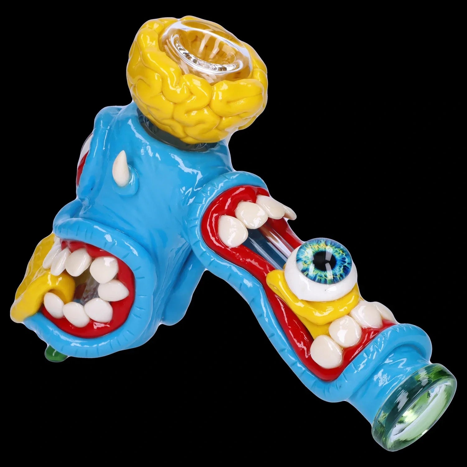 A detailed side view of the Clay Monster Hammer Bubbler, featuring a vibrant, cartoonish monster face sculpted into the glass.