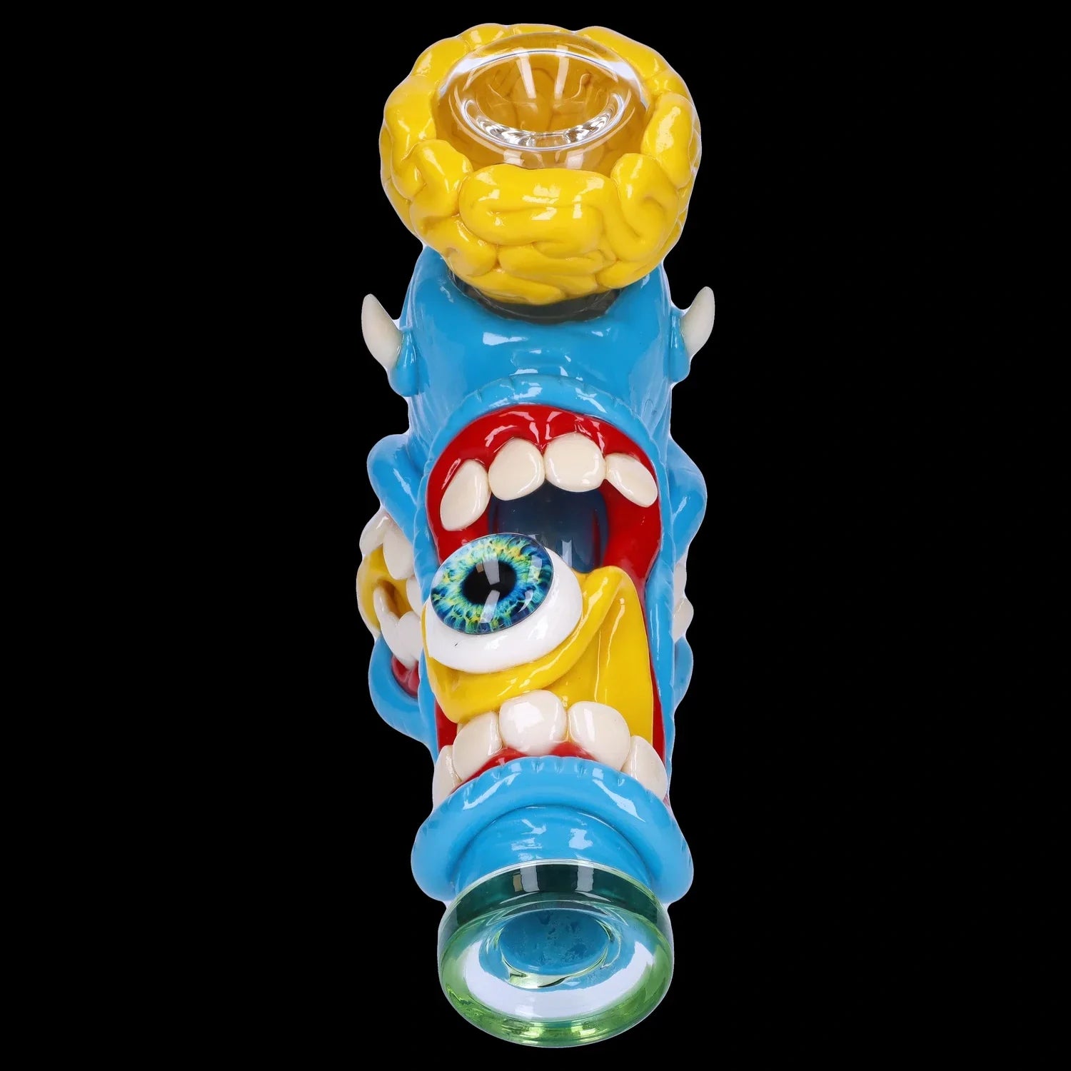 A detailed side view of the Clay Monster Hammer Bubbler, showcasing its colorful, monster-themed design and curved glass shape.