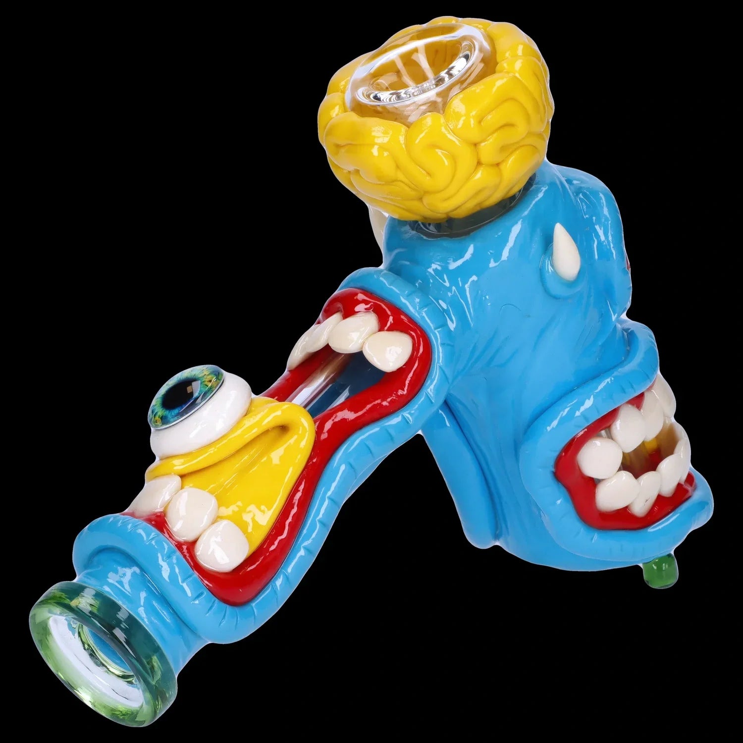 A studio shot of the Clay Monster Hammer Bubbler, displaying a colorful, monster-themed design in a side-view angle.