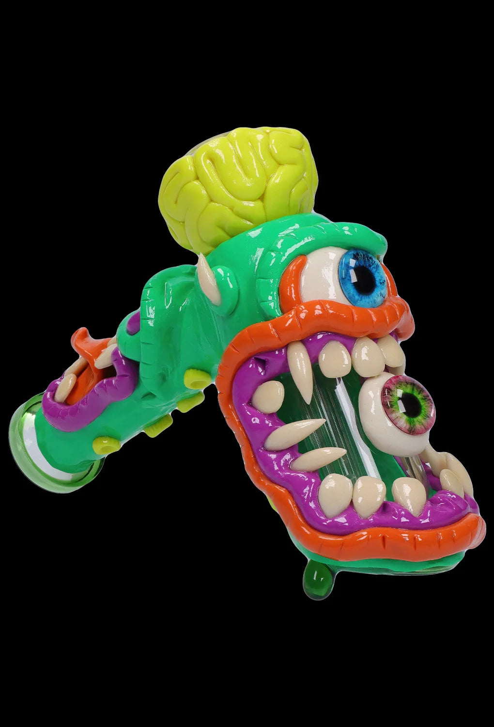 A detailed side view of the Clay Monster Hammer Bubbler, showcasing its colorful, sculpted design and unique glasswork.
