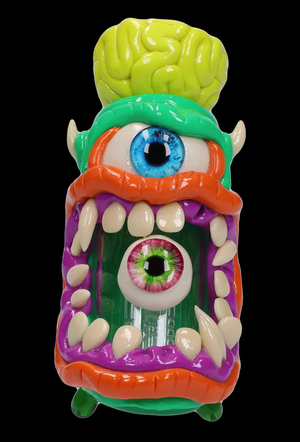Front view of the Clay Monster Hammer Bubbler, a colorful ceramic piece with a sculpted monster face and textured details.