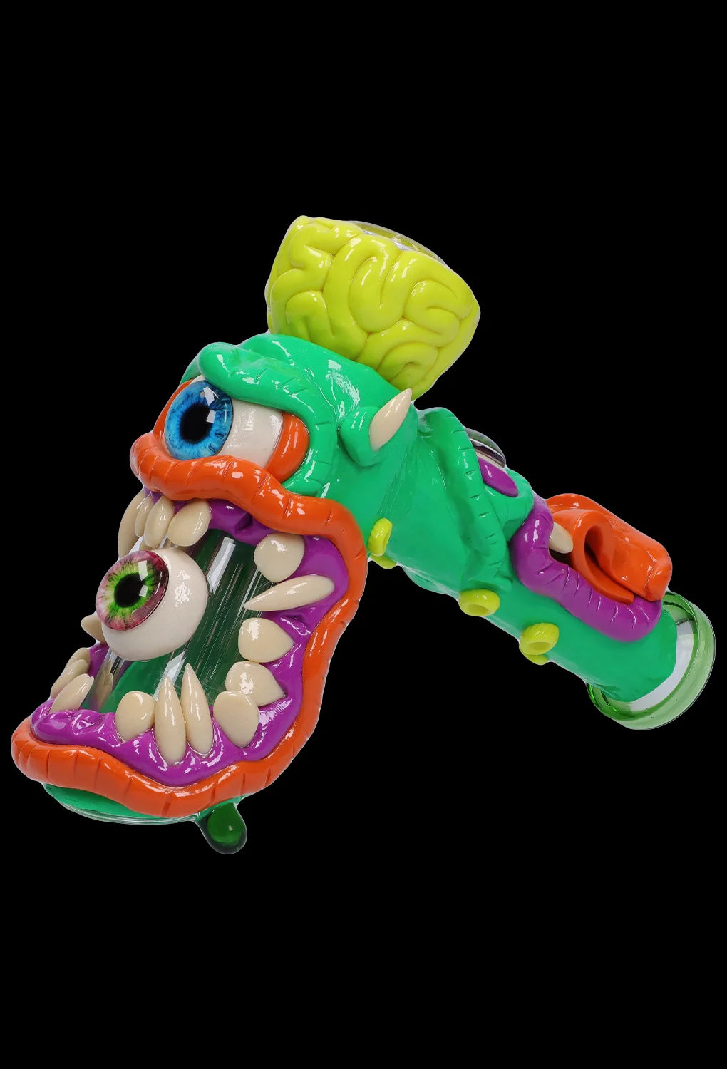 A striking studio shot of the Clay Monster Hammer Bubbler, showcasing its colorful, sculpted design from a slightly elevated angle.