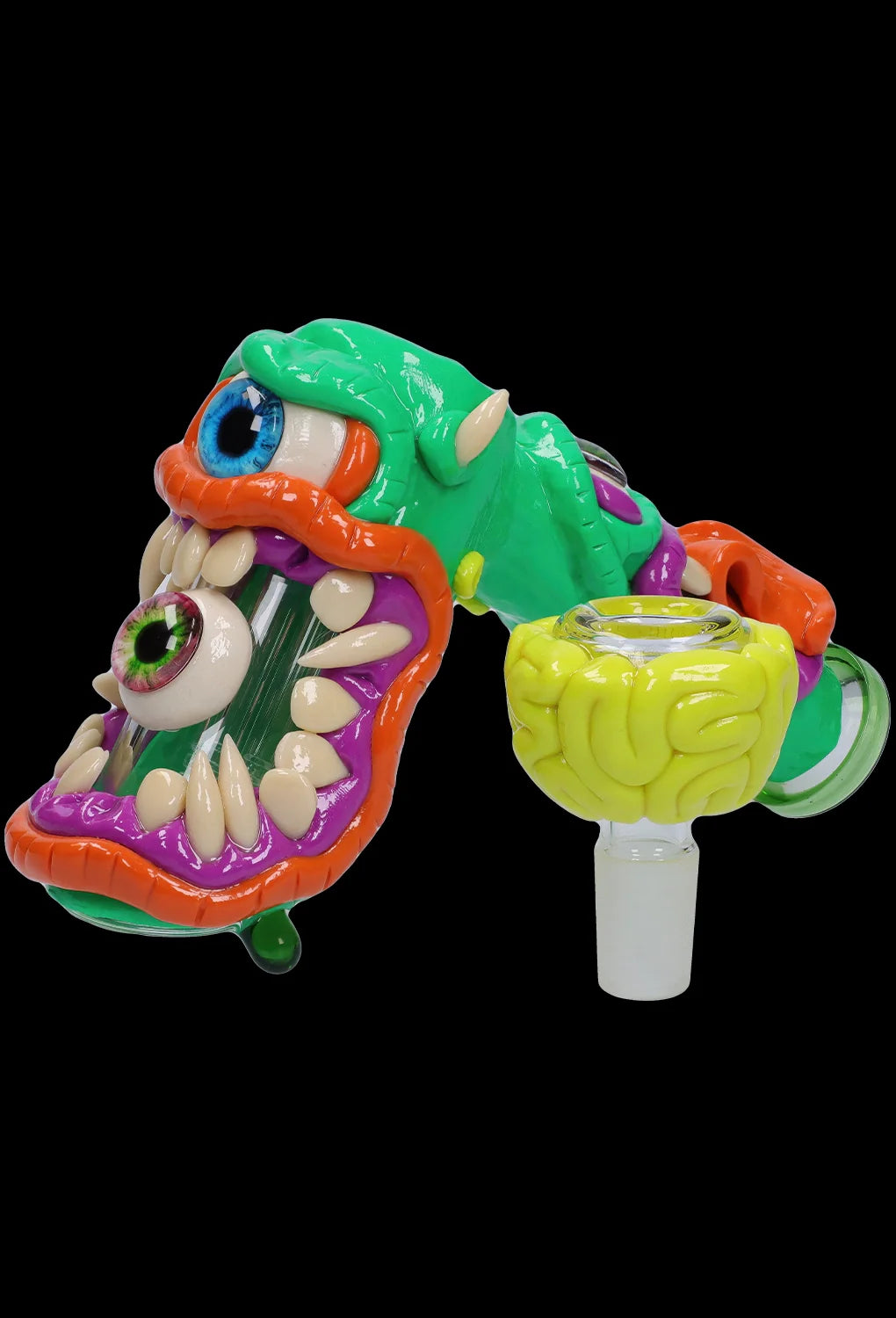 A vibrant, angled view of the Clay Monster Hammer Bubbler, showcasing its sculpted, colorful design and unique monster-themed details.