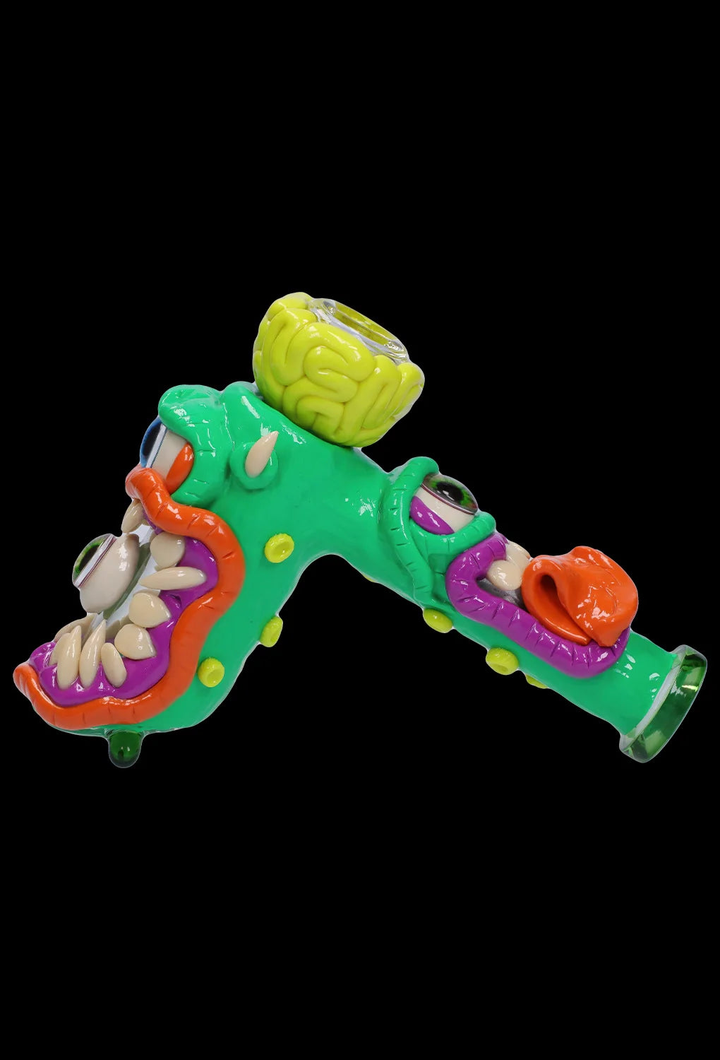 A vibrant, angled view of the Clay Monster Hammer Bubbler, showcasing its colorful, sculpted design and textured glass finish.