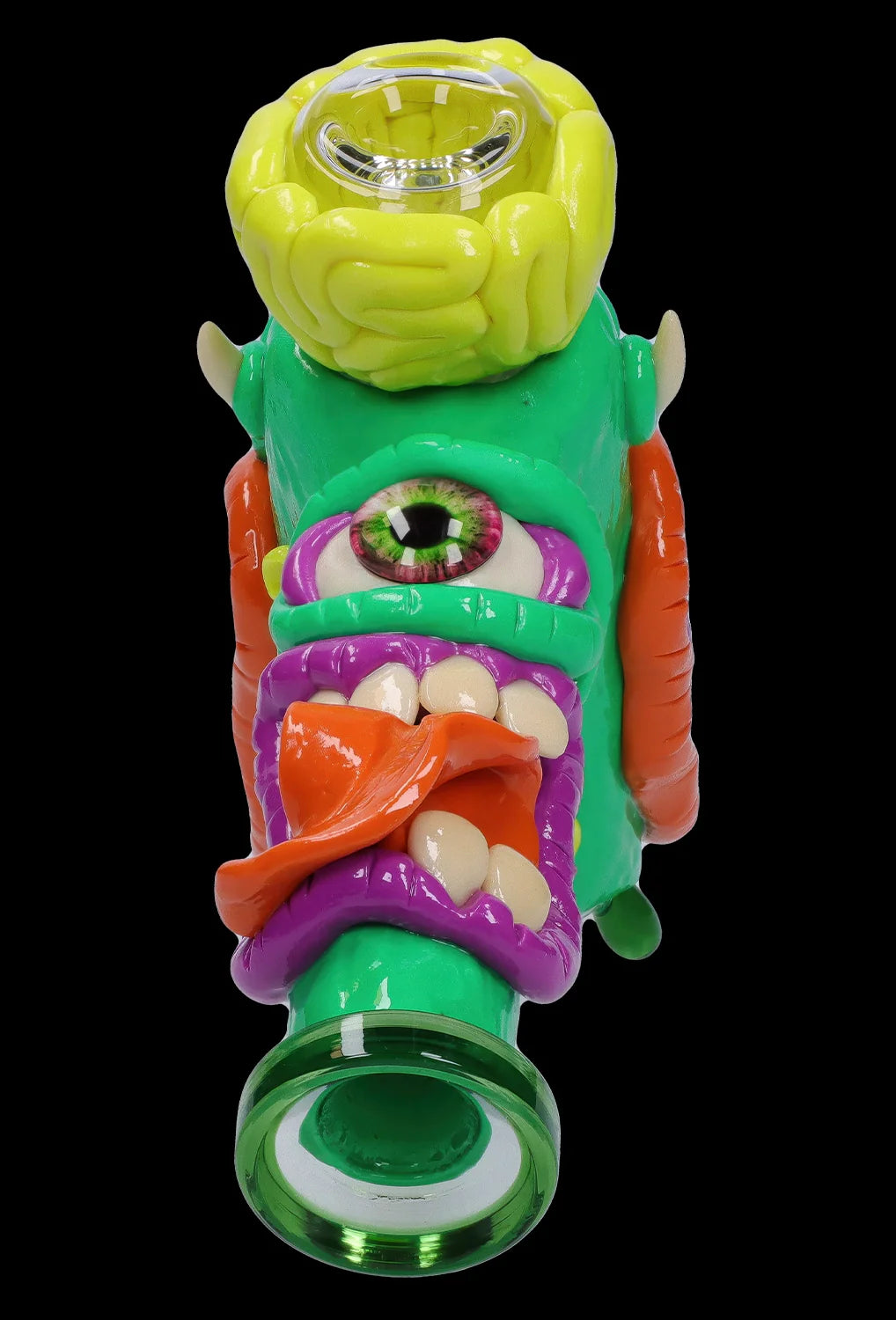 Front view of the Clay Monster Hammer Bubbler, a vibrant green glass piece with a monster-themed design.