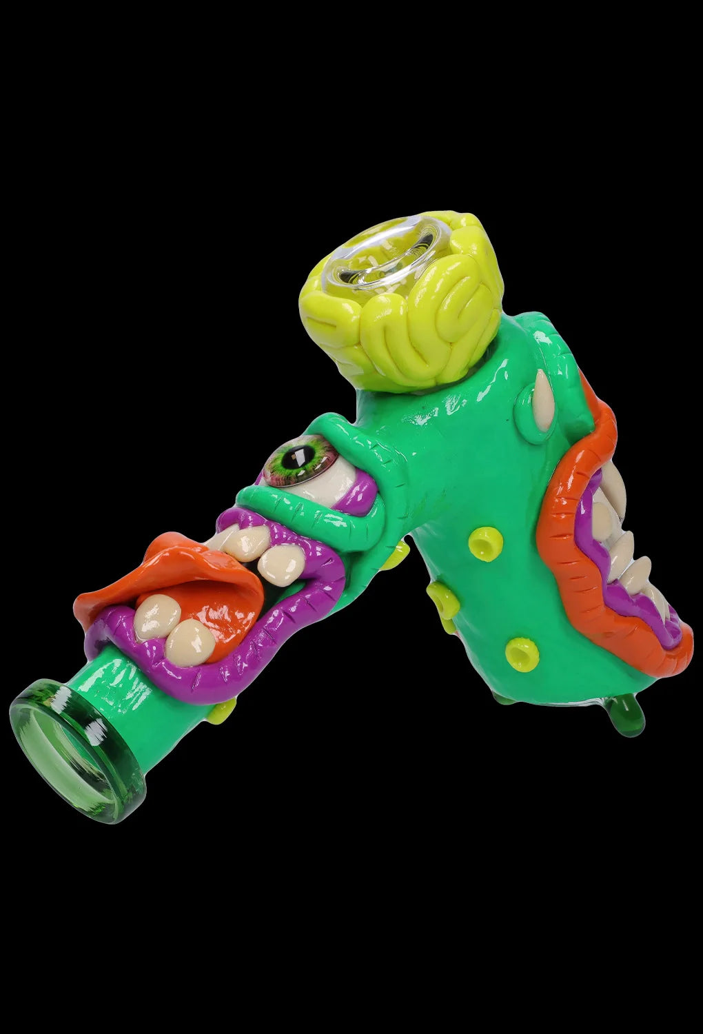 A studio shot of the Clay Monster Hammer Bubbler, showcasing its colorful, sculpted design against a dark background.