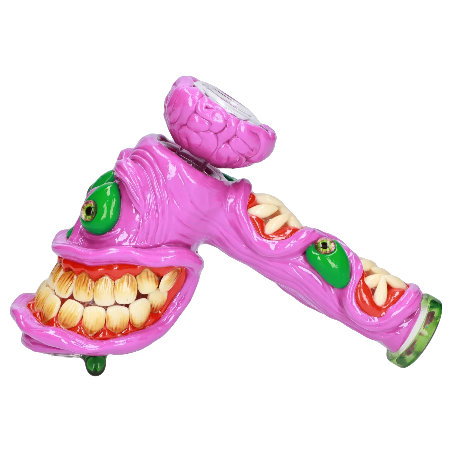 Front view of the Clay Monster Hammer Bubbler, a sculpted glass piece with a monster-themed design and colorful accents.