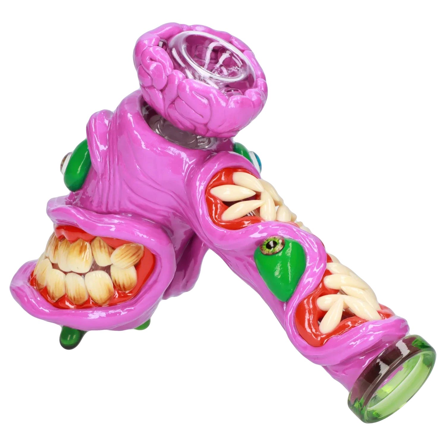 A close-up, angled view of the Clay Monster Hammer Bubbler, featuring a textured, monstrous design in shades of pink and green.