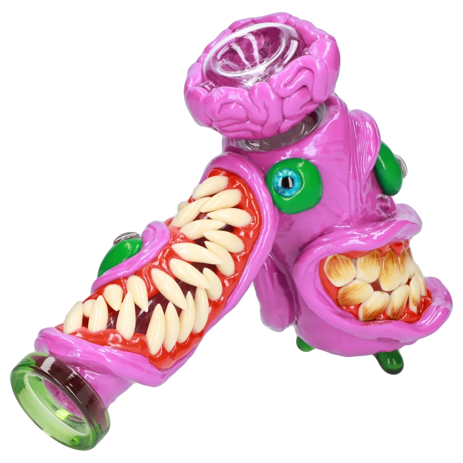 A side view of the Clay Monster Hammer Bubbler, featuring a sculpted, colorful design resembling a monster’s head.