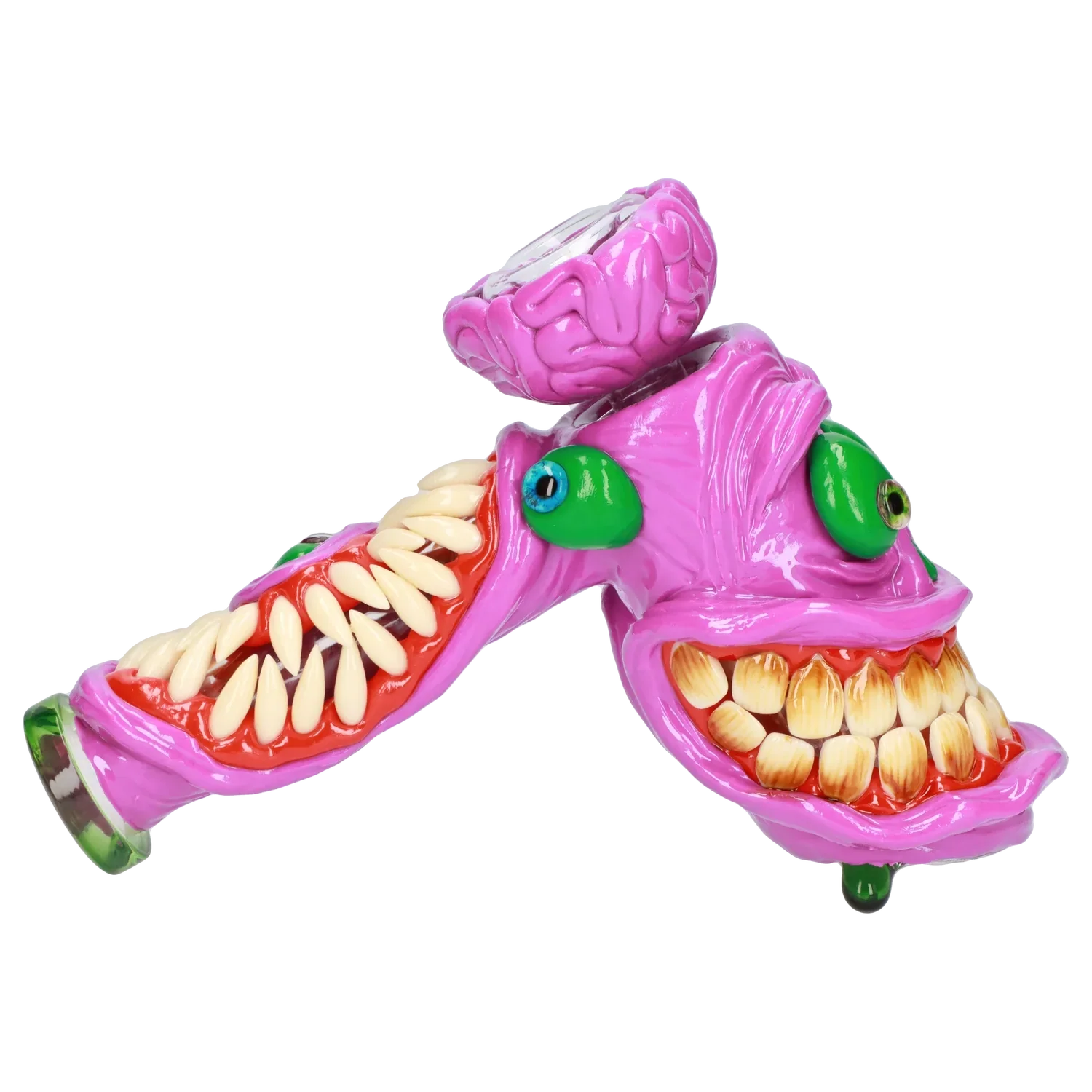 A vibrant, angled view of the Clay Monster Hammer Bubbler featuring a monstrous face with detailed teeth and a colorful, textured finish.