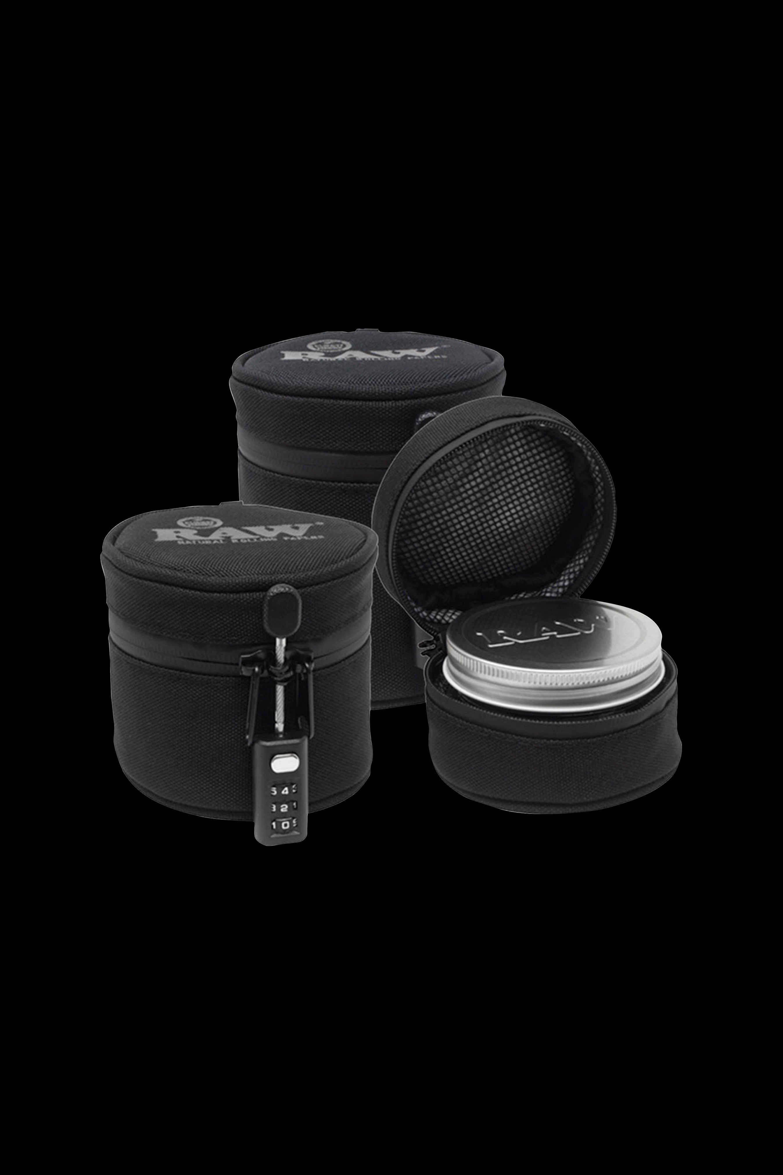 Raw cannabis storage containers with combination lock, including a sealed jar and padded cases.