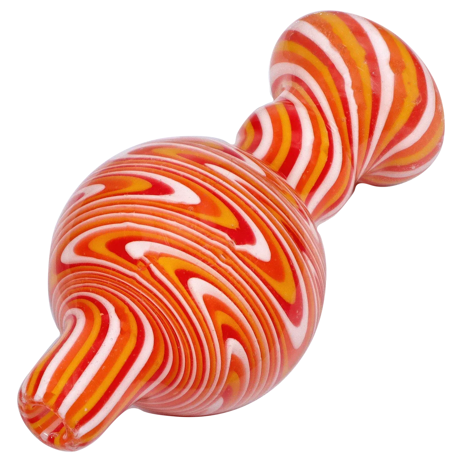 Angled close-up of a swirled orange, red and white Smoke Cartel Assorted Carb Cap - Assorted colors against a white background.