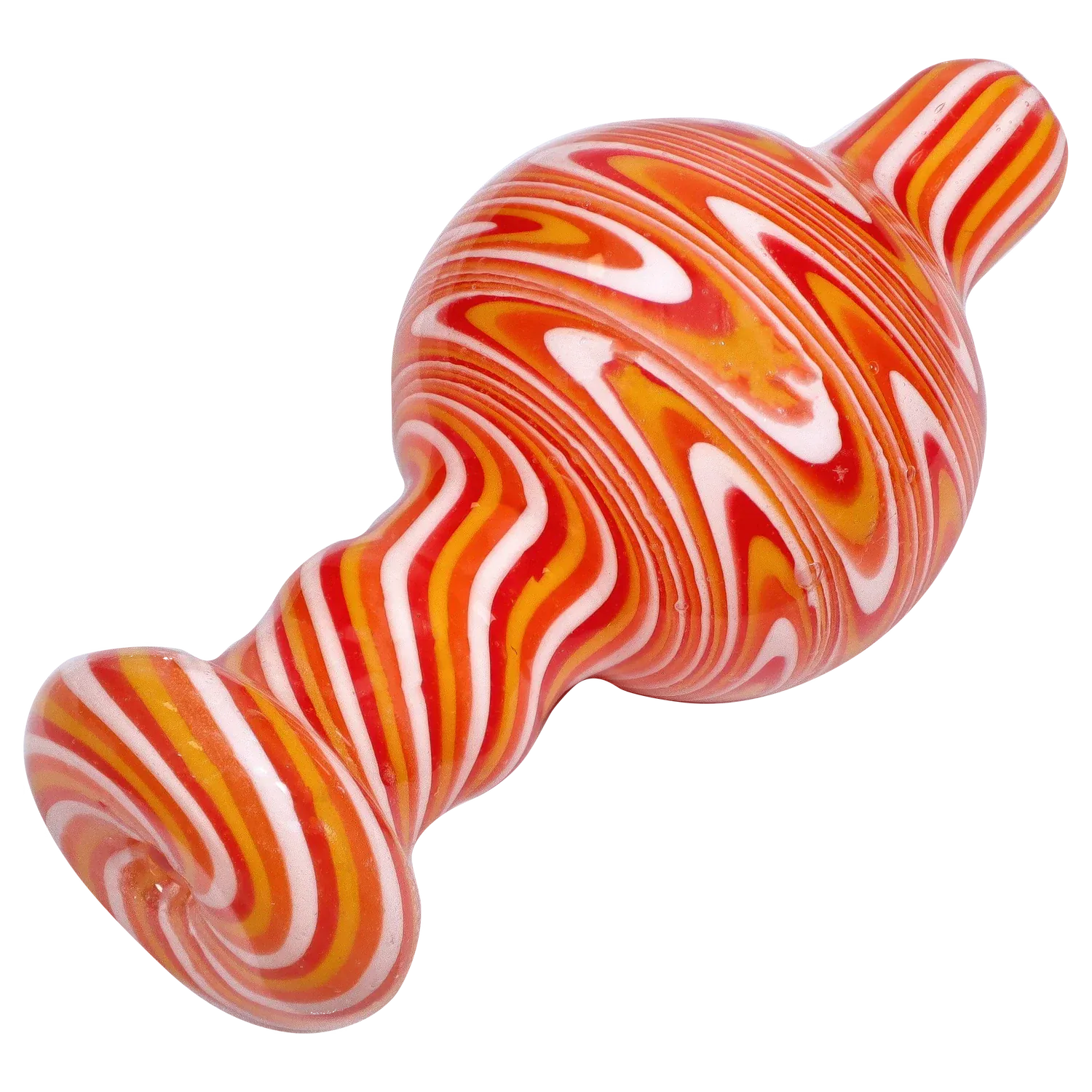 Close-up angled view of a swirled orange, red, and white Smoke Cartel Assorted Carb Cap - Assorted colors resting on a white background.