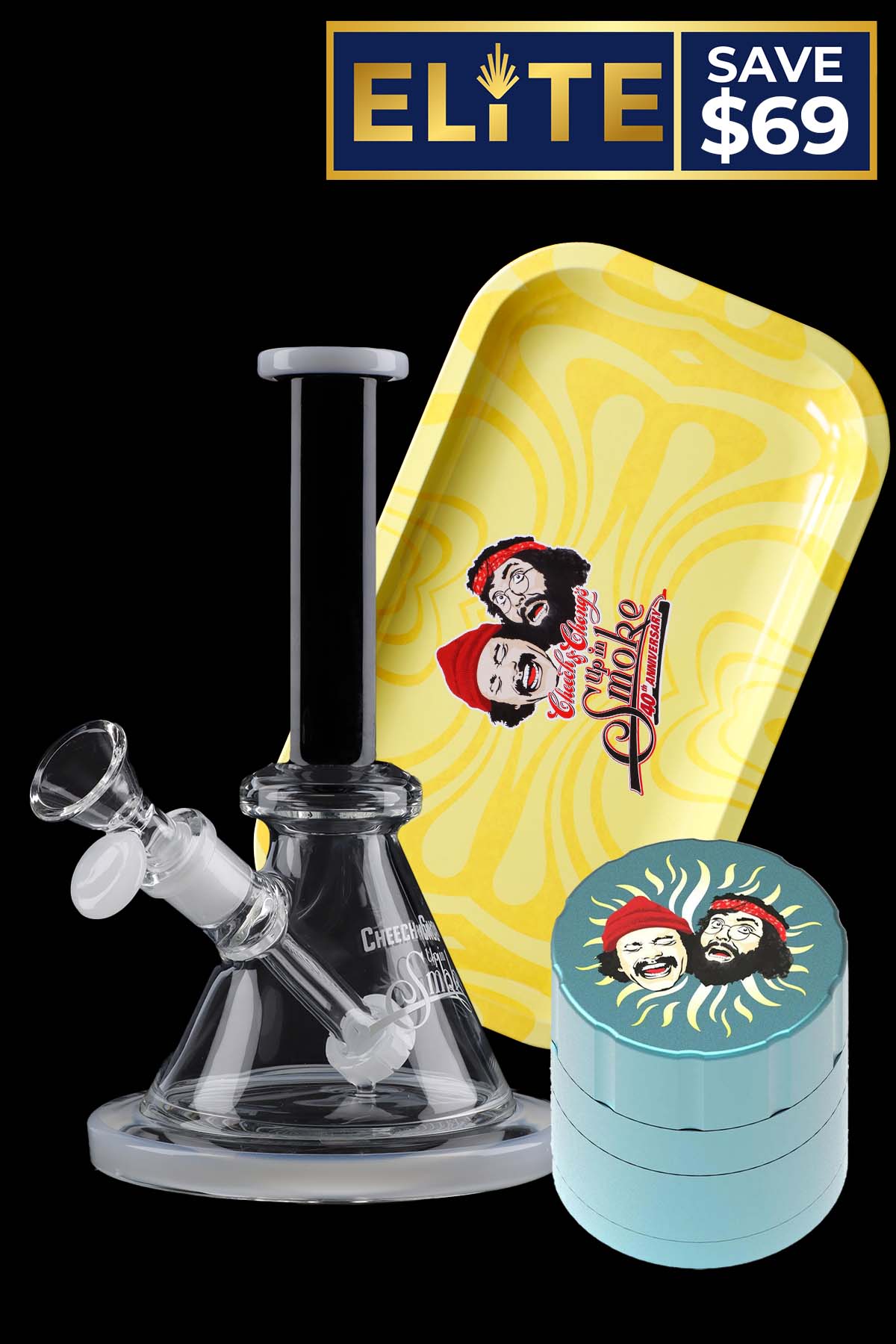 Black glass water pipe, rolling papers, and a grinder featuring Cheech & Chong branding, displayed with a promotional banner offering a discount.