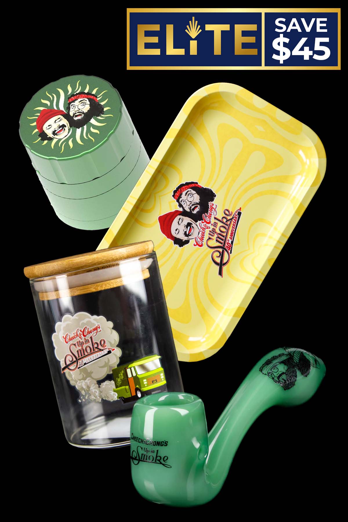 Cheech & Chong branded cannabis accessories including a grinder, storage jar, rolling tray, and glass pipe, with a promotional "Save $45" banner.