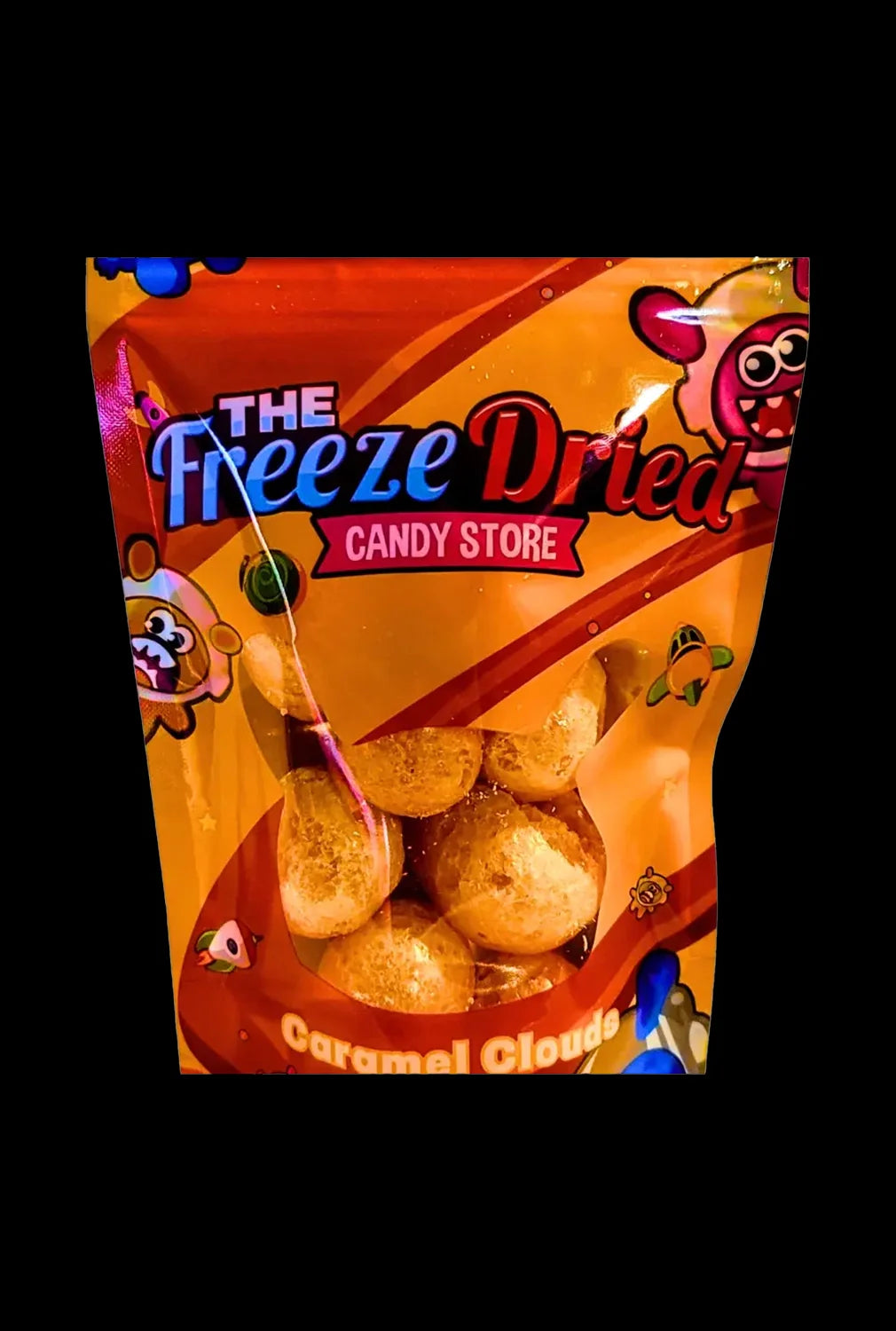 A brightly colored bag of “Freeze Dried Candy Store” branded “Caramel Clouds,” likely cannabis-infused edibles.