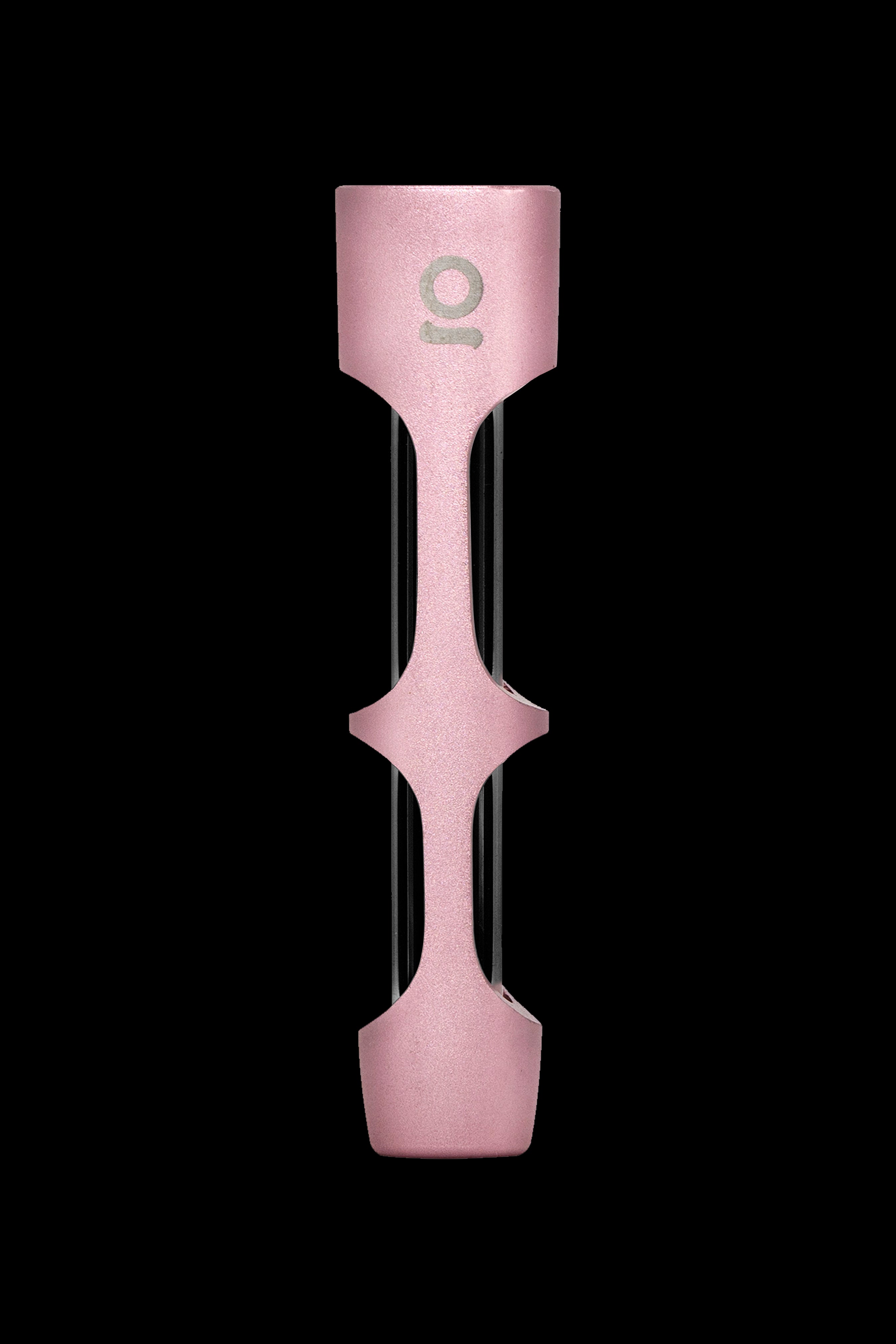 Pink metallic cannabis pipe with a unique, hourglass-like shape and a small logo near the top.