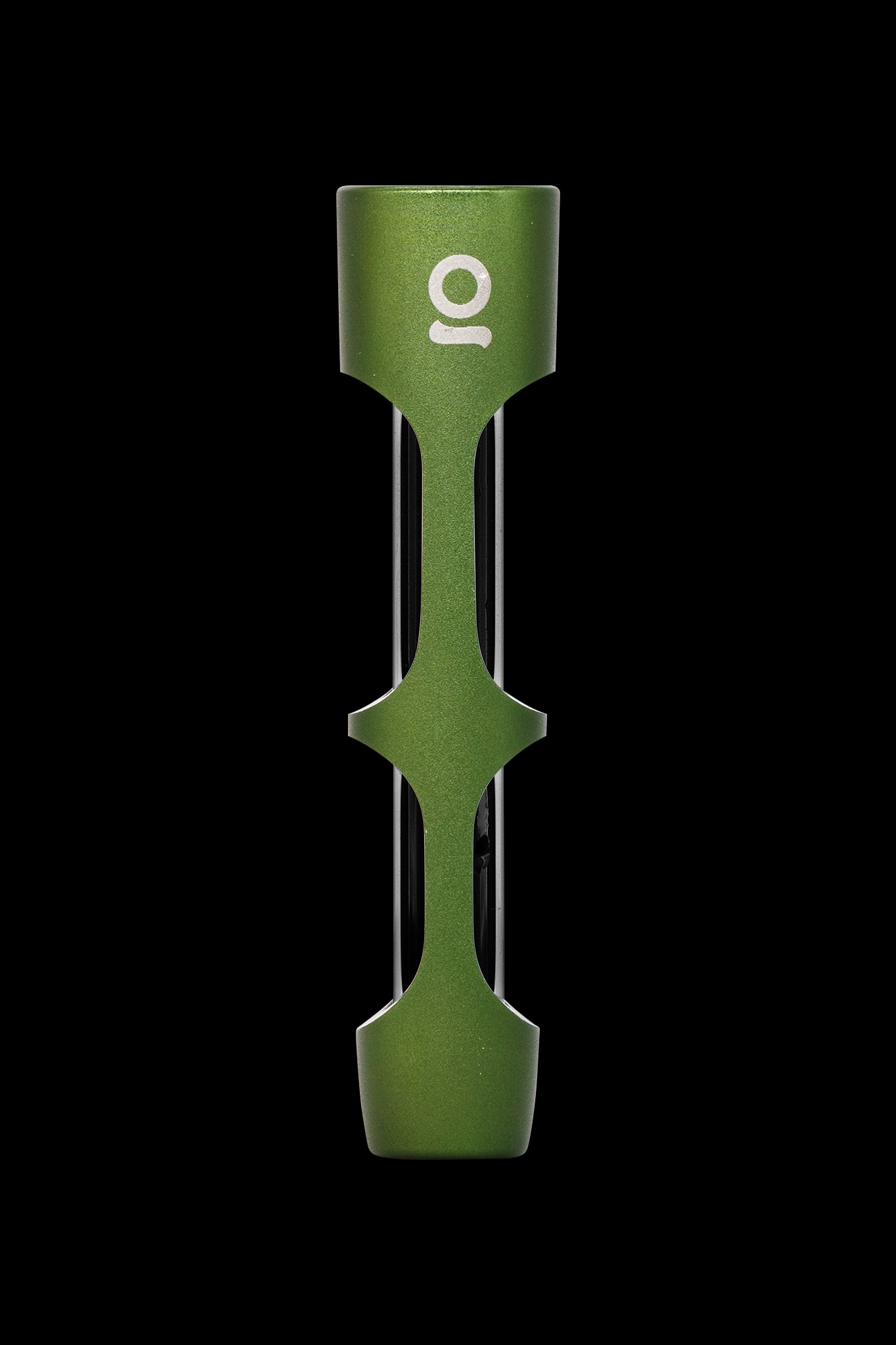 Green cannabis oil applicator with a white logo against a black background.
