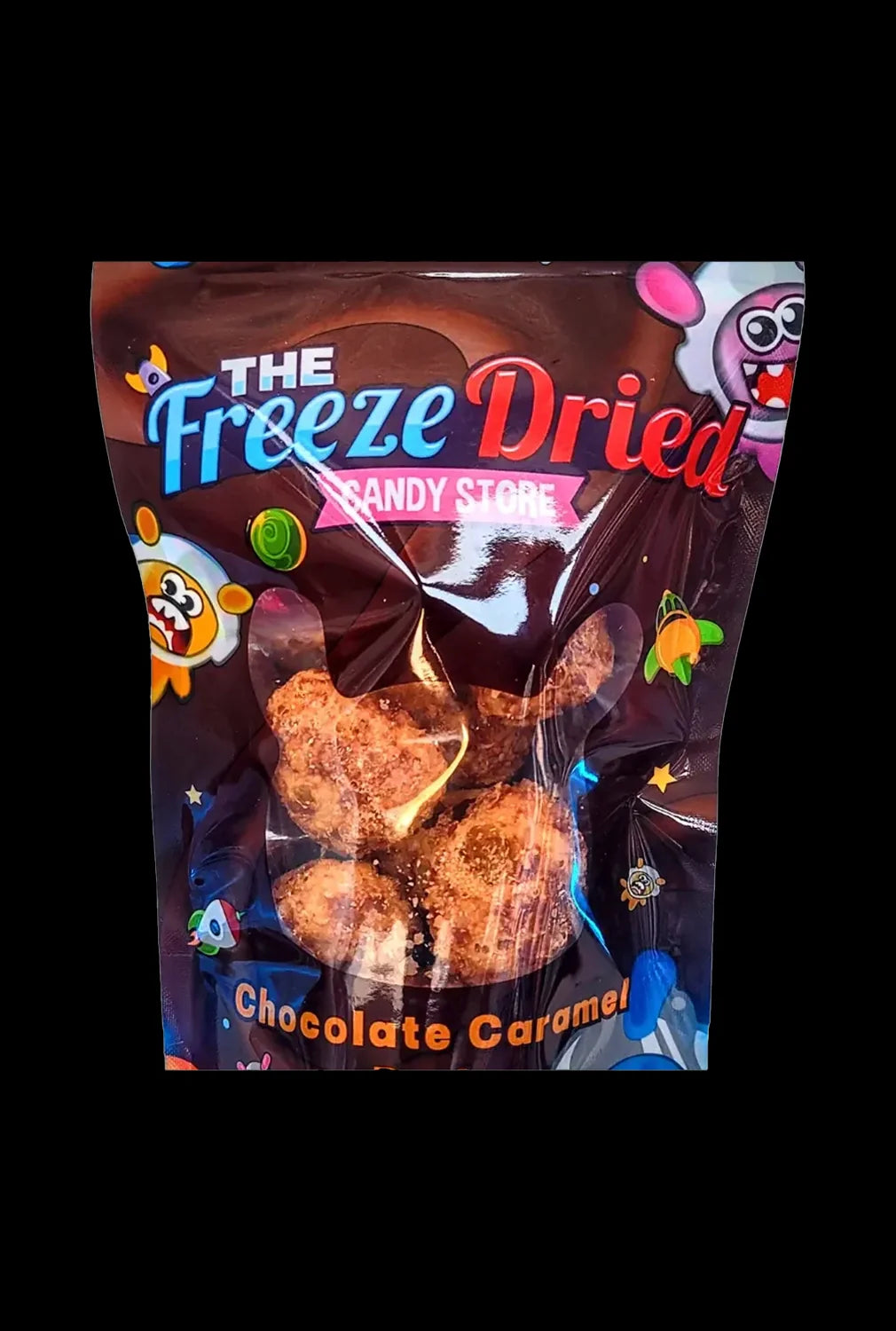 A colorful, sealed bag of “The Freeze Dried Candy Store” branded chocolate caramel, likely containing cannabis-infused edibles.