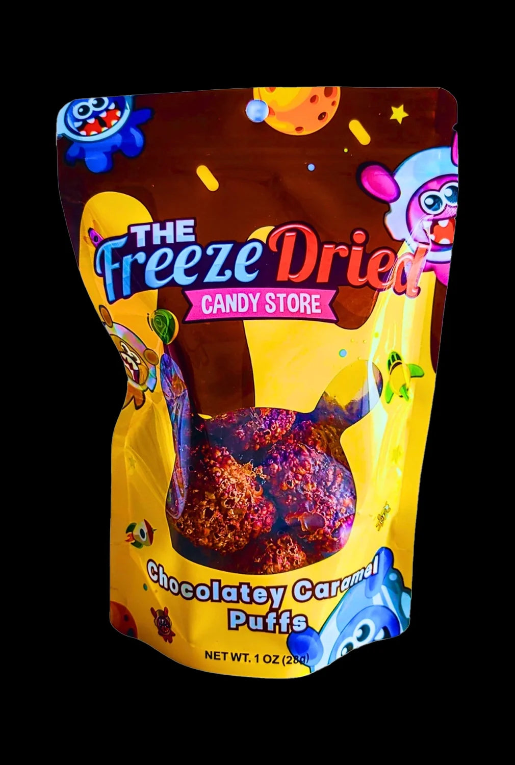 A brightly colored bag of “Chocolatey Caramel Puffs” with cartoon alien imagery, likely containing cannabis-infused edibles.
