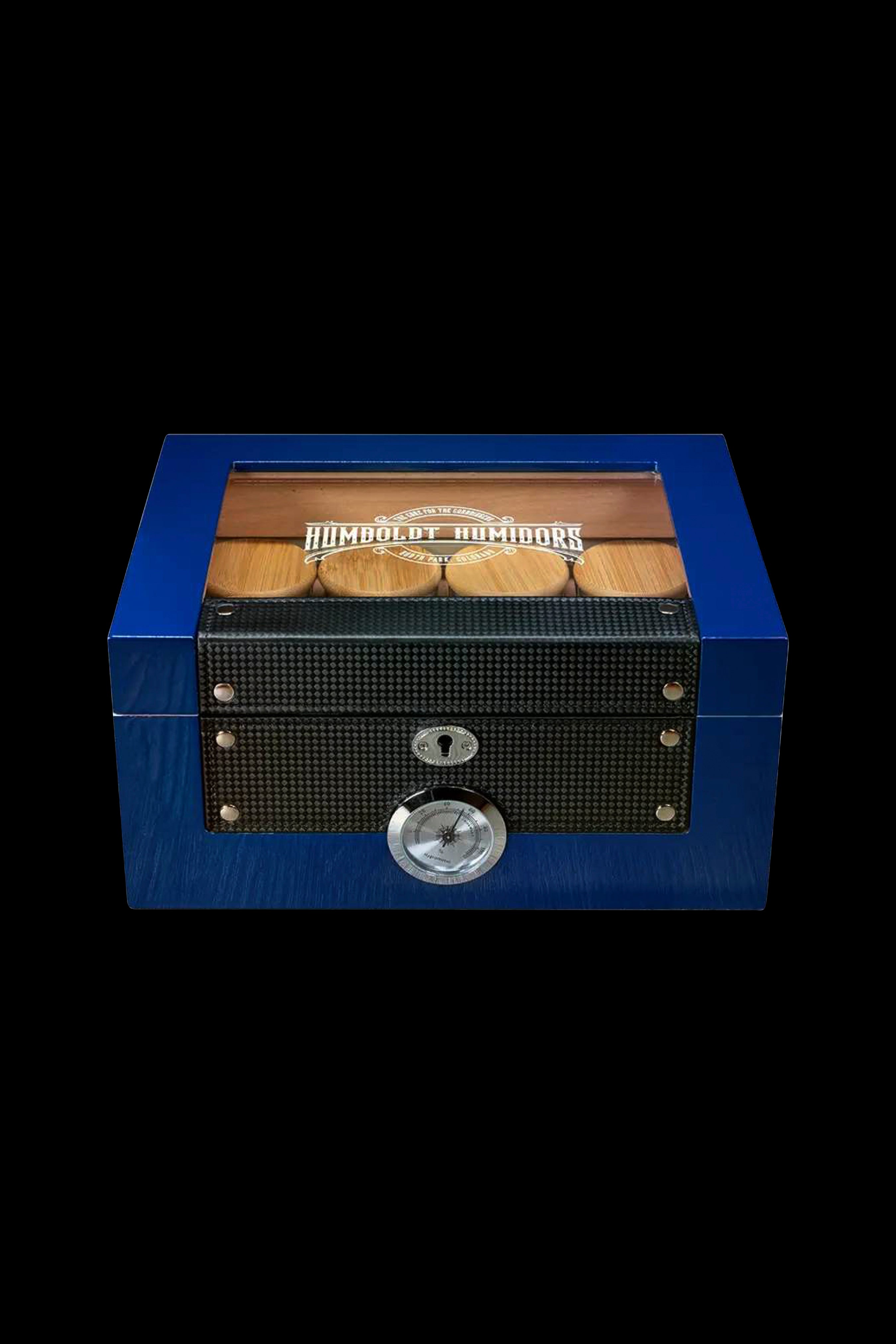 Blue cannabis storage box with “Humboldt Humidors” logo and lock.