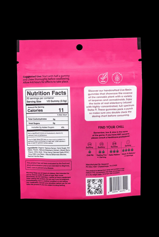 Haygood Farms D9 THC Live Resin Gummies - Indica - Elderberry