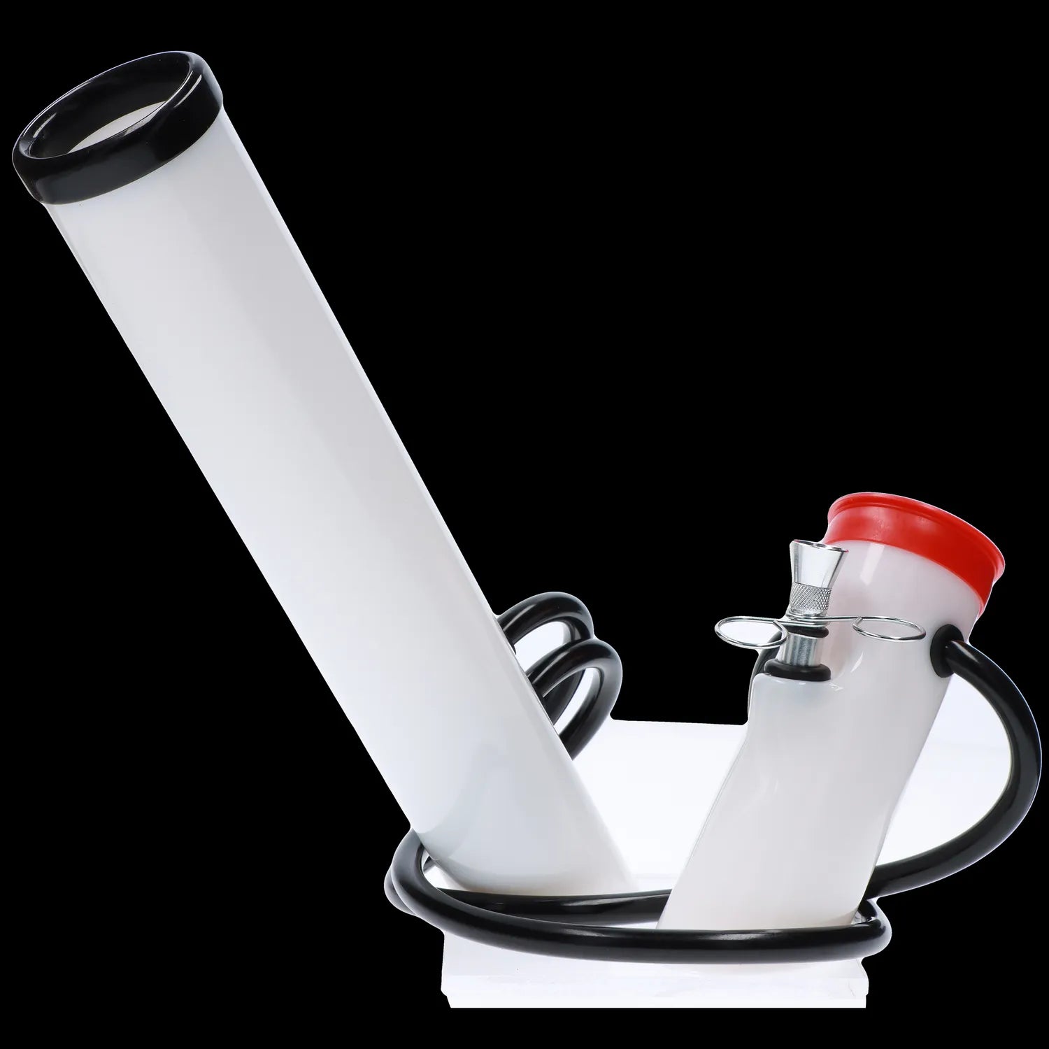 White glass bong with black accents and a red mouthpiece.