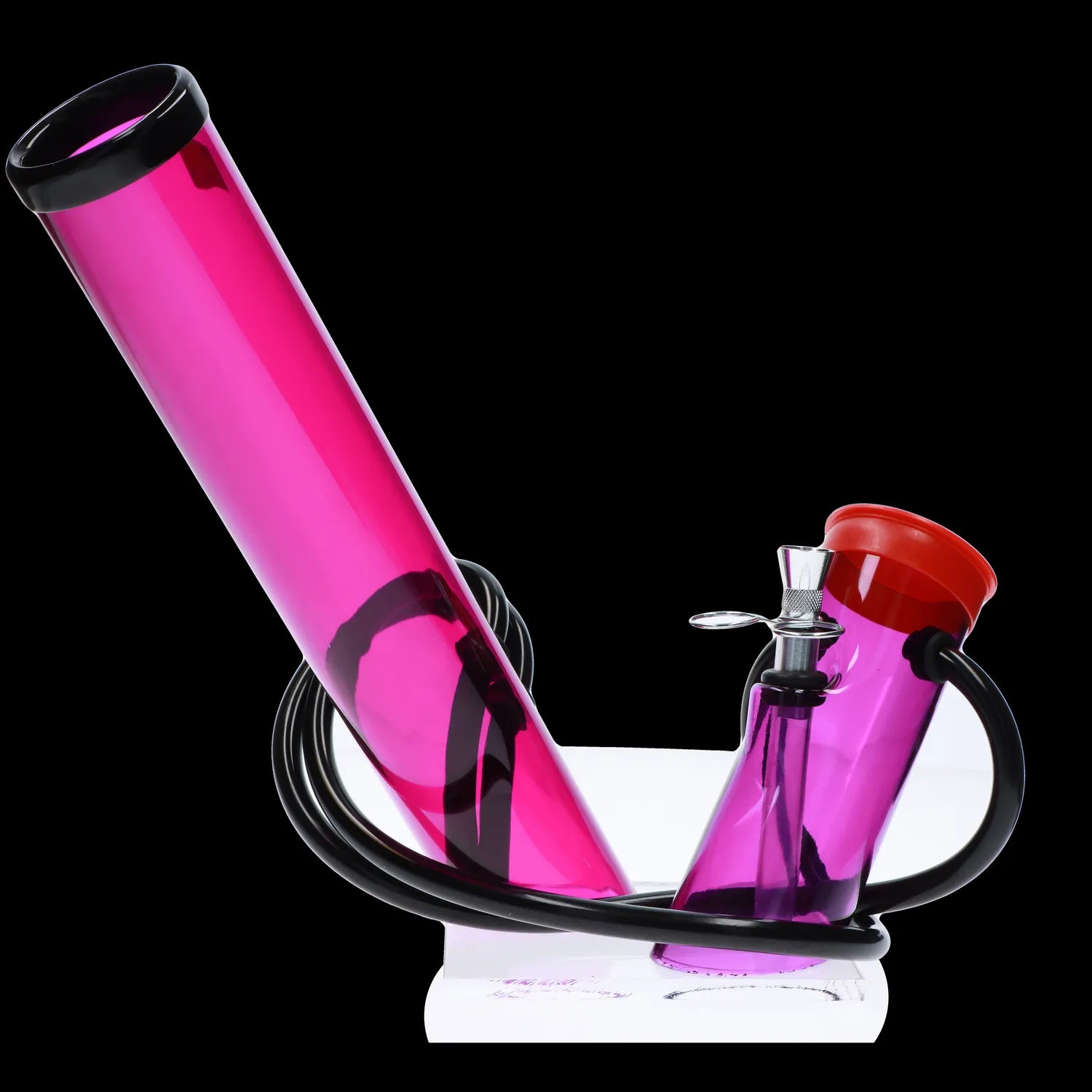 Pink glass water pipe with a bubbler and frosted base.