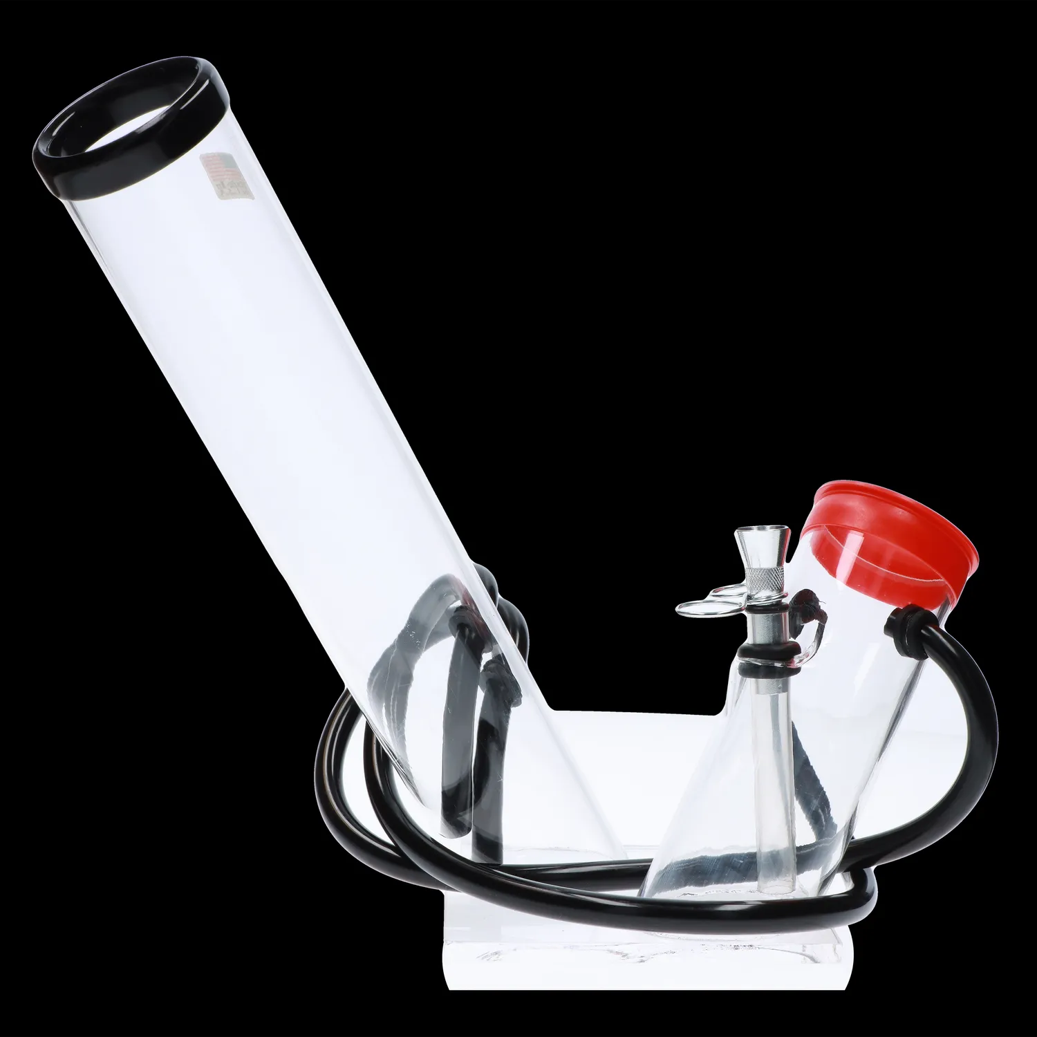 Clear glass bubbler water pipe with black accents and a red cap.