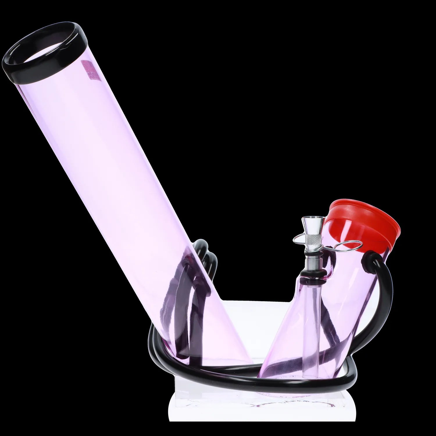 A translucent lavender glass bubbler with black accents and a red mouthpiece, resting on a white marble base.