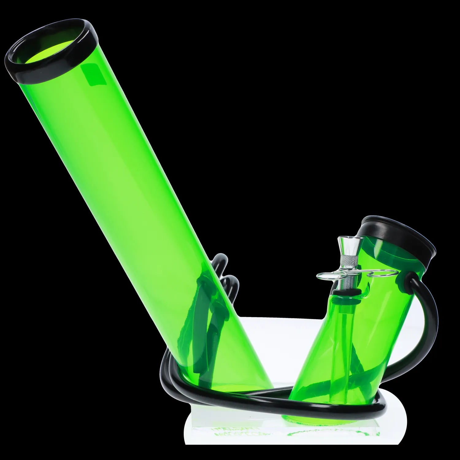 Green glass water pipe (bong) with a white base, isolated on a black background.
