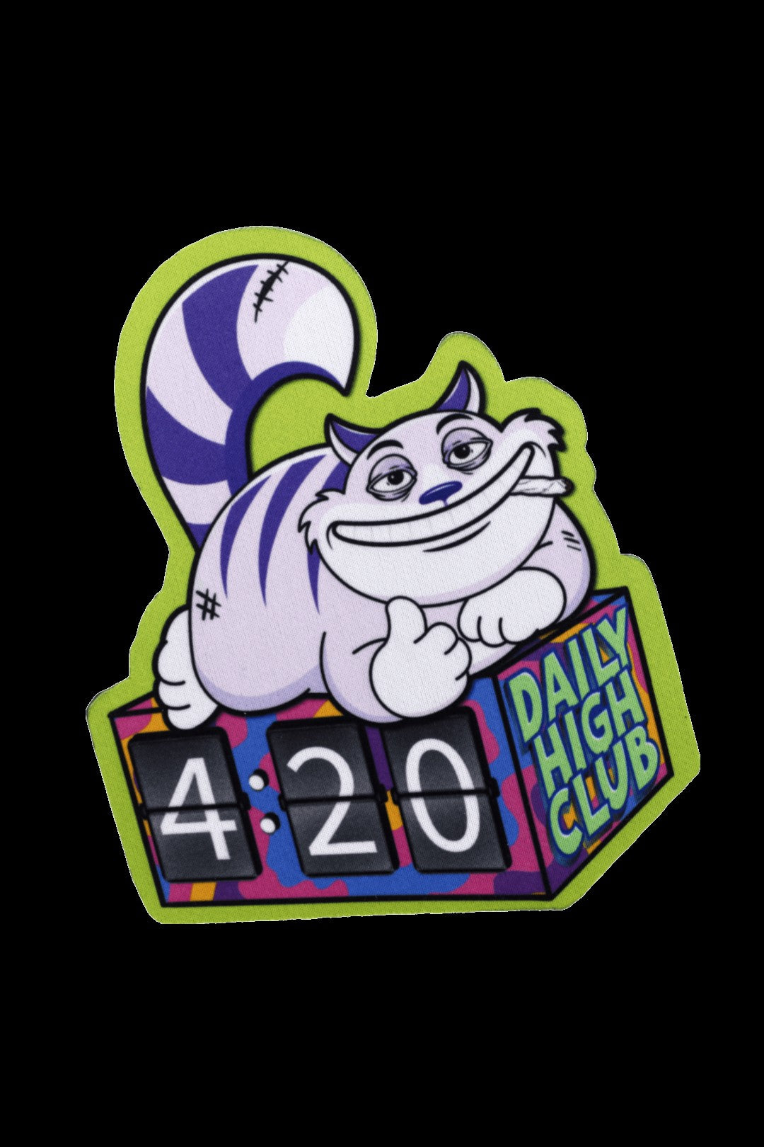 A whimsical sticker featuring the Cheshire Cat giving a thumbs up next to a digital clock displaying “4:20” and the text “DAILY HIGH CLUB”.