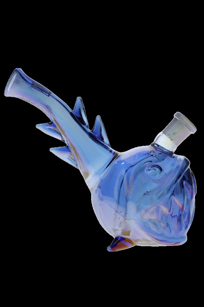 Blue glass water pipe shaped like a pufferfish.