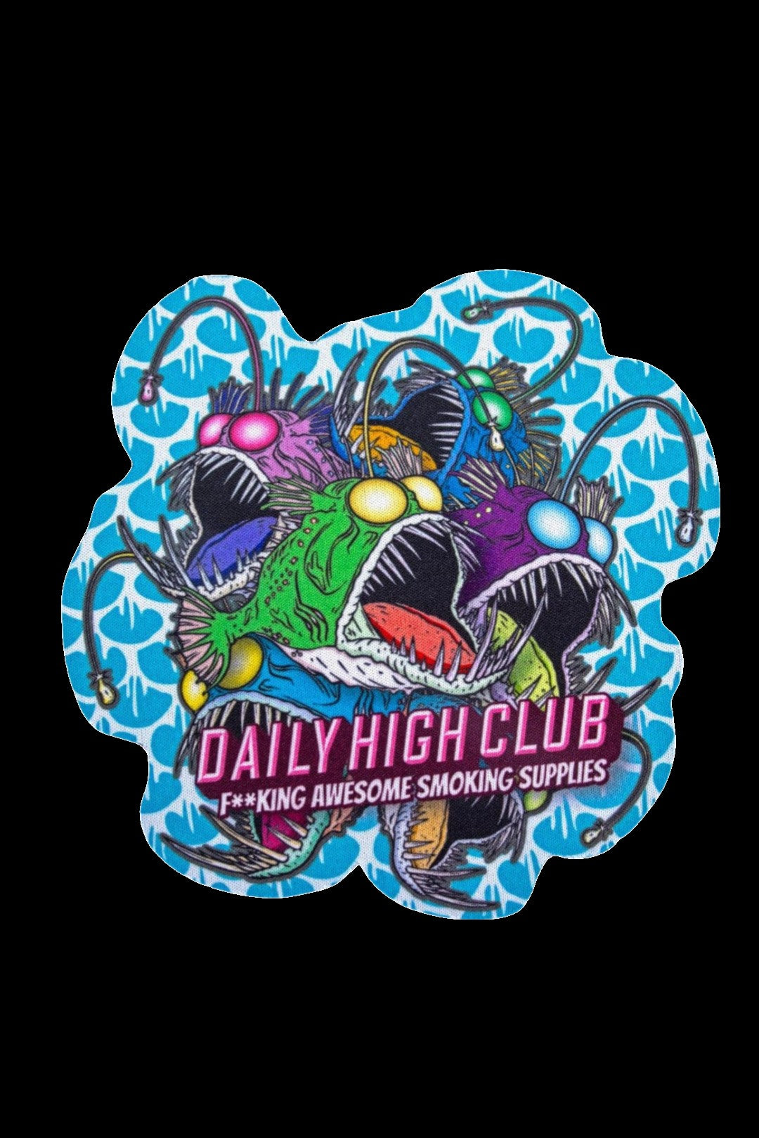 Sticker depicting a vibrant, cartoonish anglerfish with glowing eyes and sharp teeth, labeled “DAILY HIGH CLUB F**KING AWESOME SMOKING SUPPLIES.”