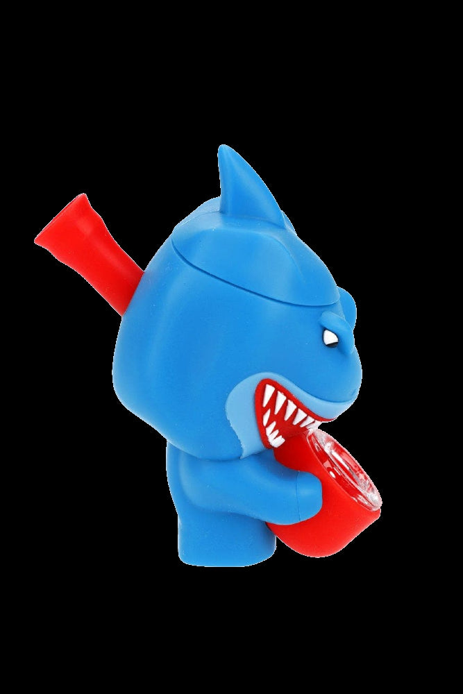 Blue cartoon monster-shaped water pipe with red accents.