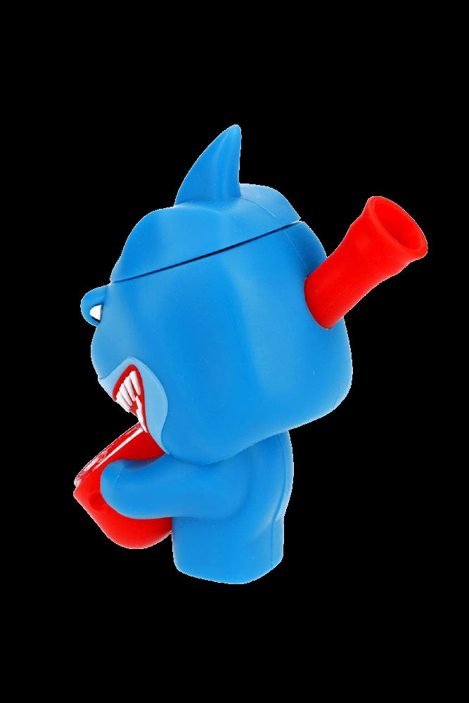 Blue cartoon shark-shaped water pipe with red accents.