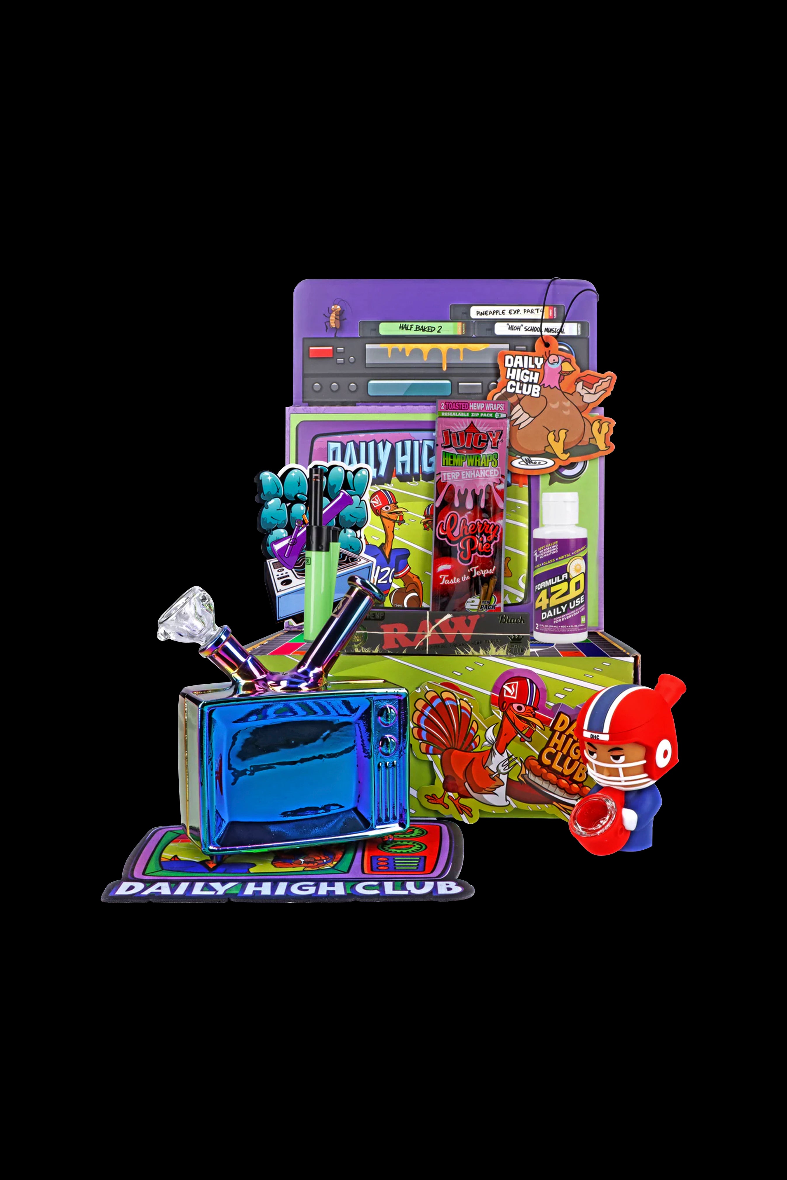 A vibrant, stacked display of cannabis accessories and branded products from "Daily High Club," including pipes, grinders, lighters, and collectible figurines, presented in a playful, colorful arrangement.