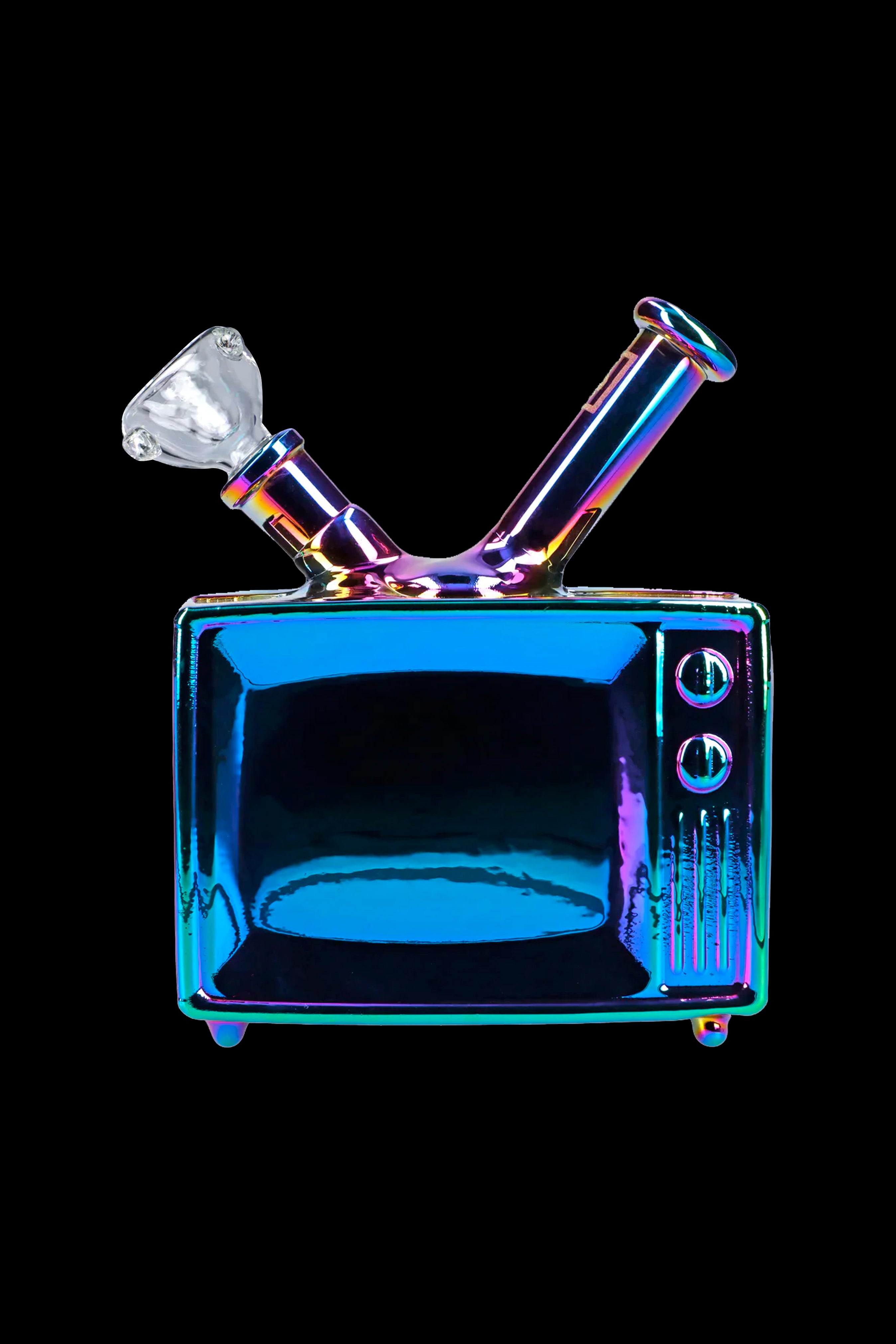Iridescent glass water pipe shaped like a retro television.