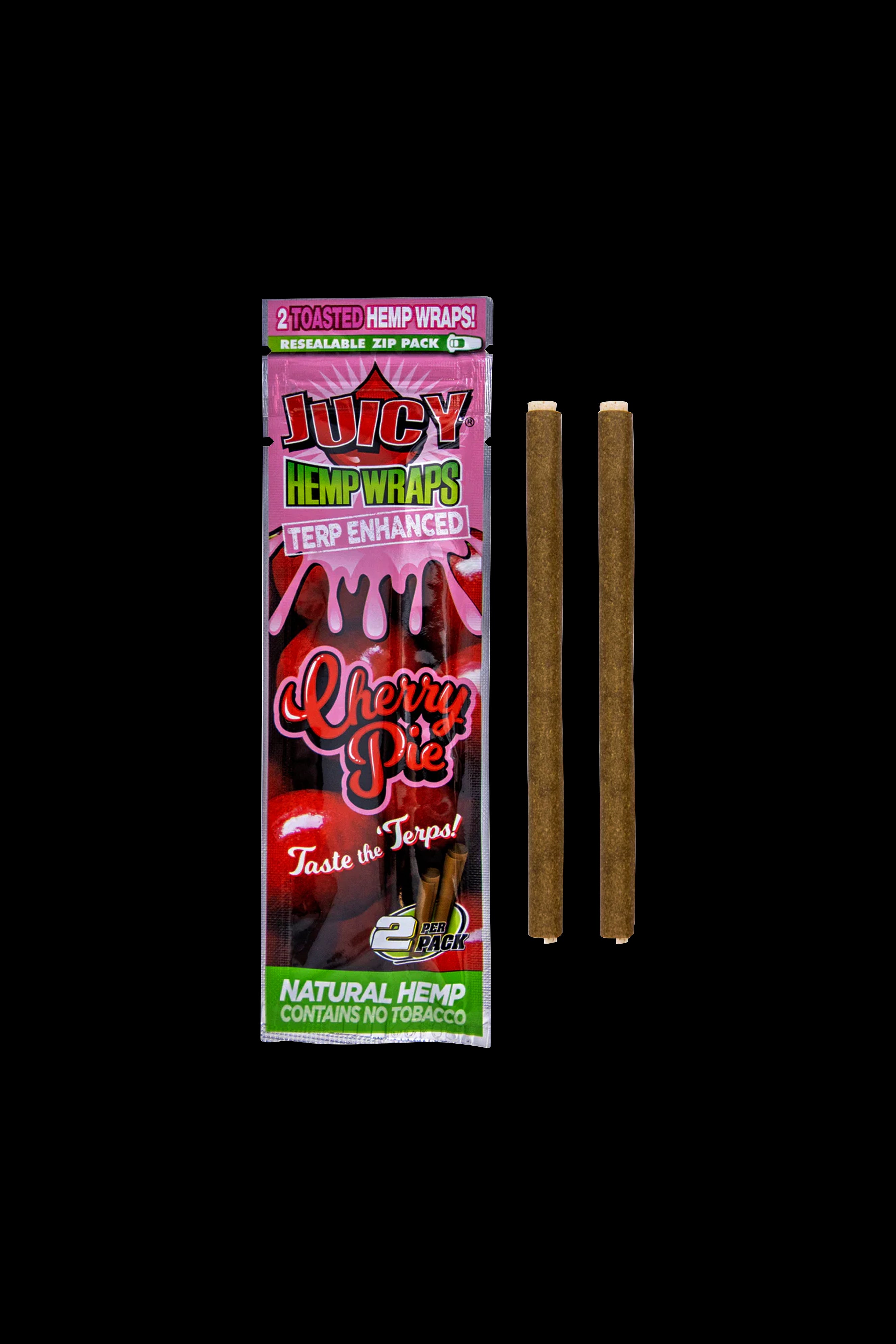 Pack of “Juicy Hempwraps” Cherry Pie flavor with two rolled wraps visible.