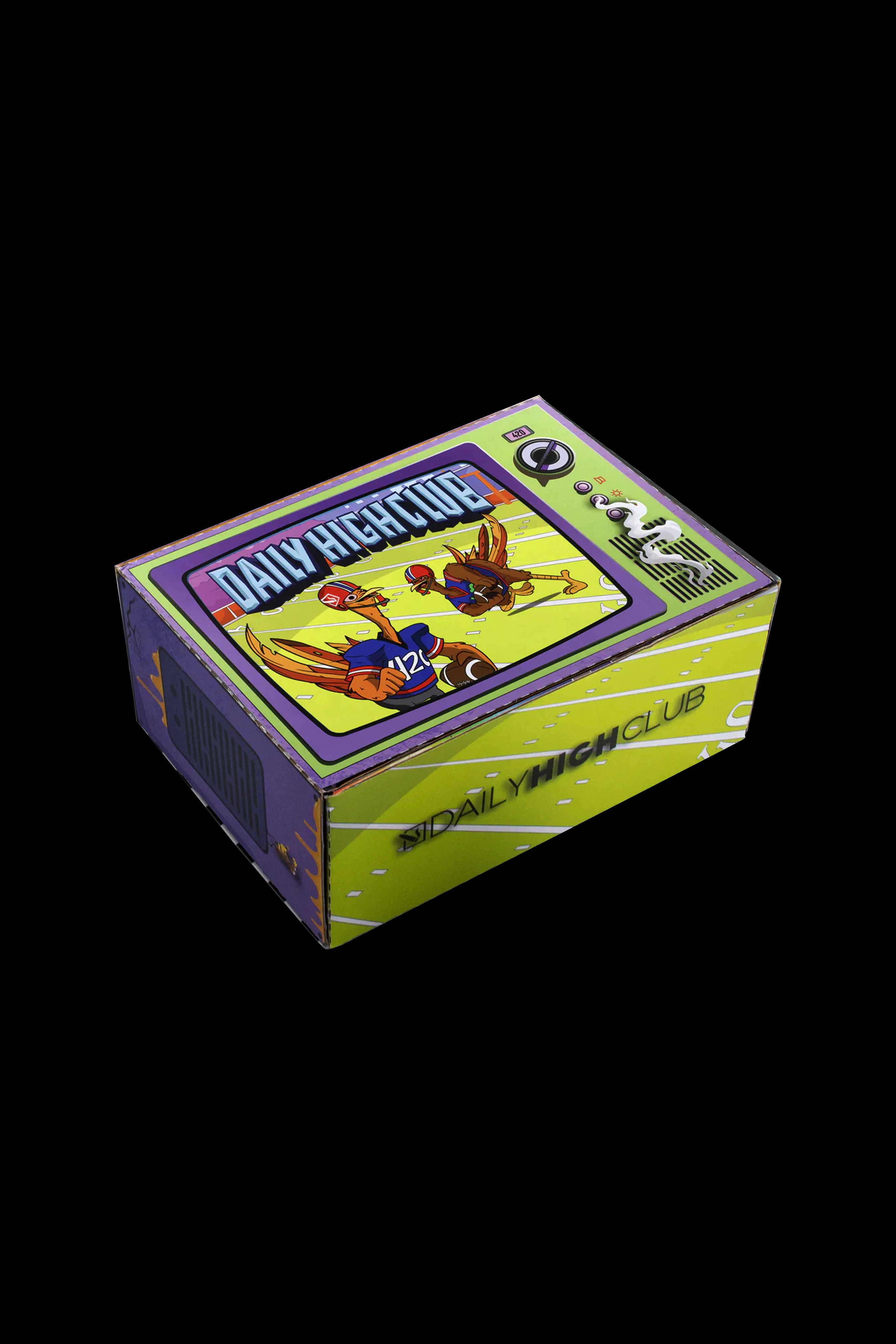 Isometric view of a vibrant yellow and purple branded box with a cartoon retro boombox design, labeled “Daily High Club.”