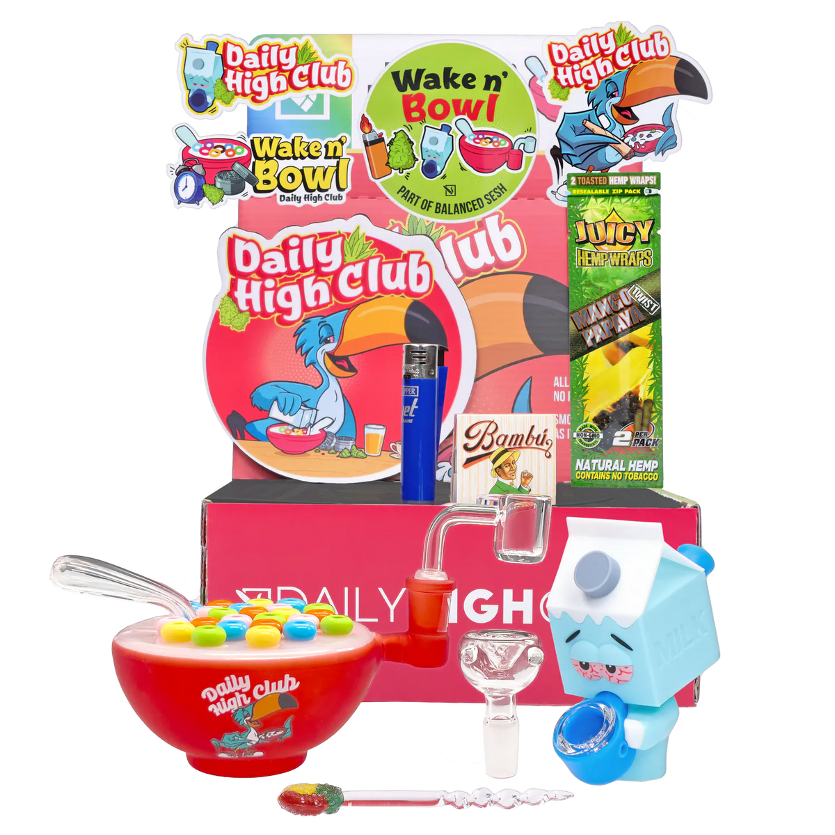 Front view of the “Wake N’ Bowl” Smoking Box display with a red cereal-bowl pipe, blue milk-carton figure, glass attachments and colorful branded backdrop.