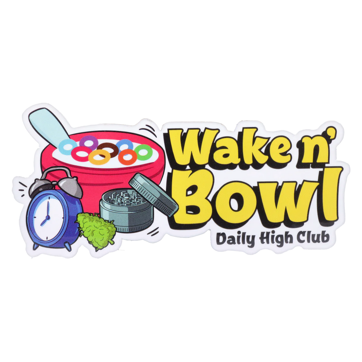 Sticker-style graphic showing a red cereal bowl, blue alarm clock, green grinder and bud beside bold yellow text reading “Wake N’ Bowl” Smoking Box.
