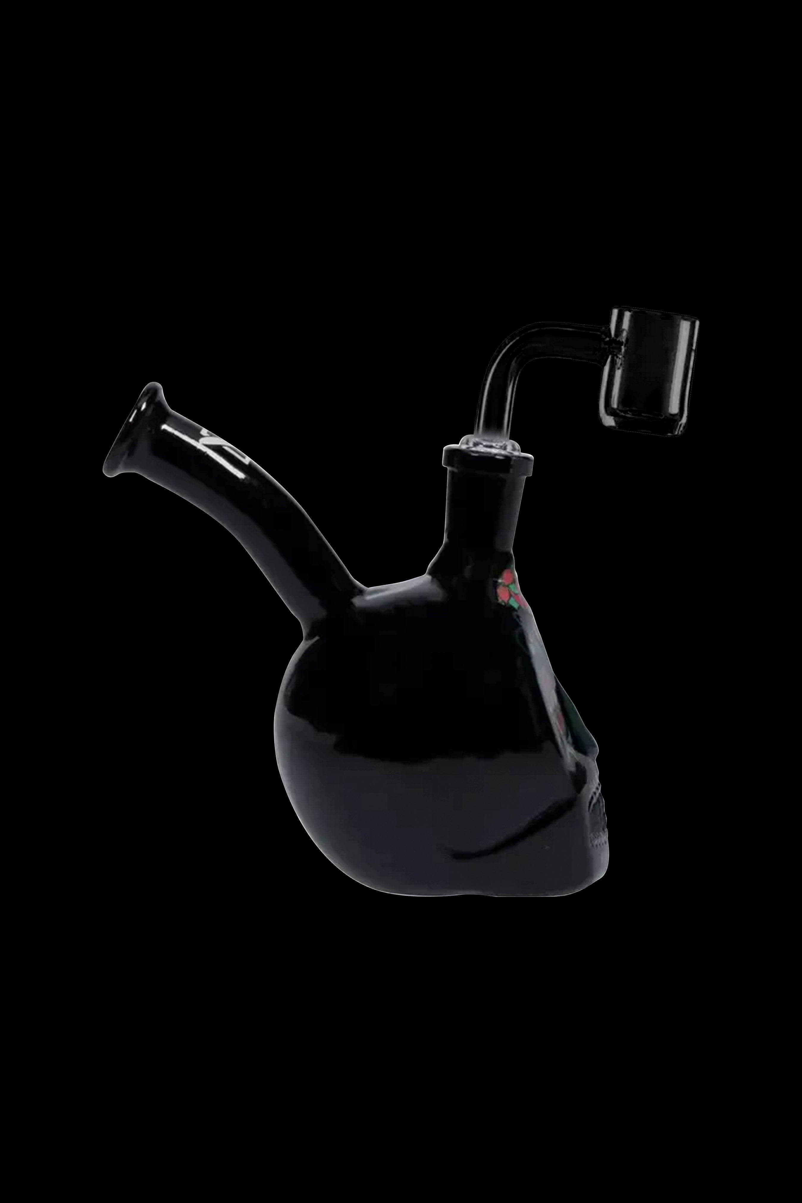 Black glass water pipe with floral design and accompanying glass bowl.