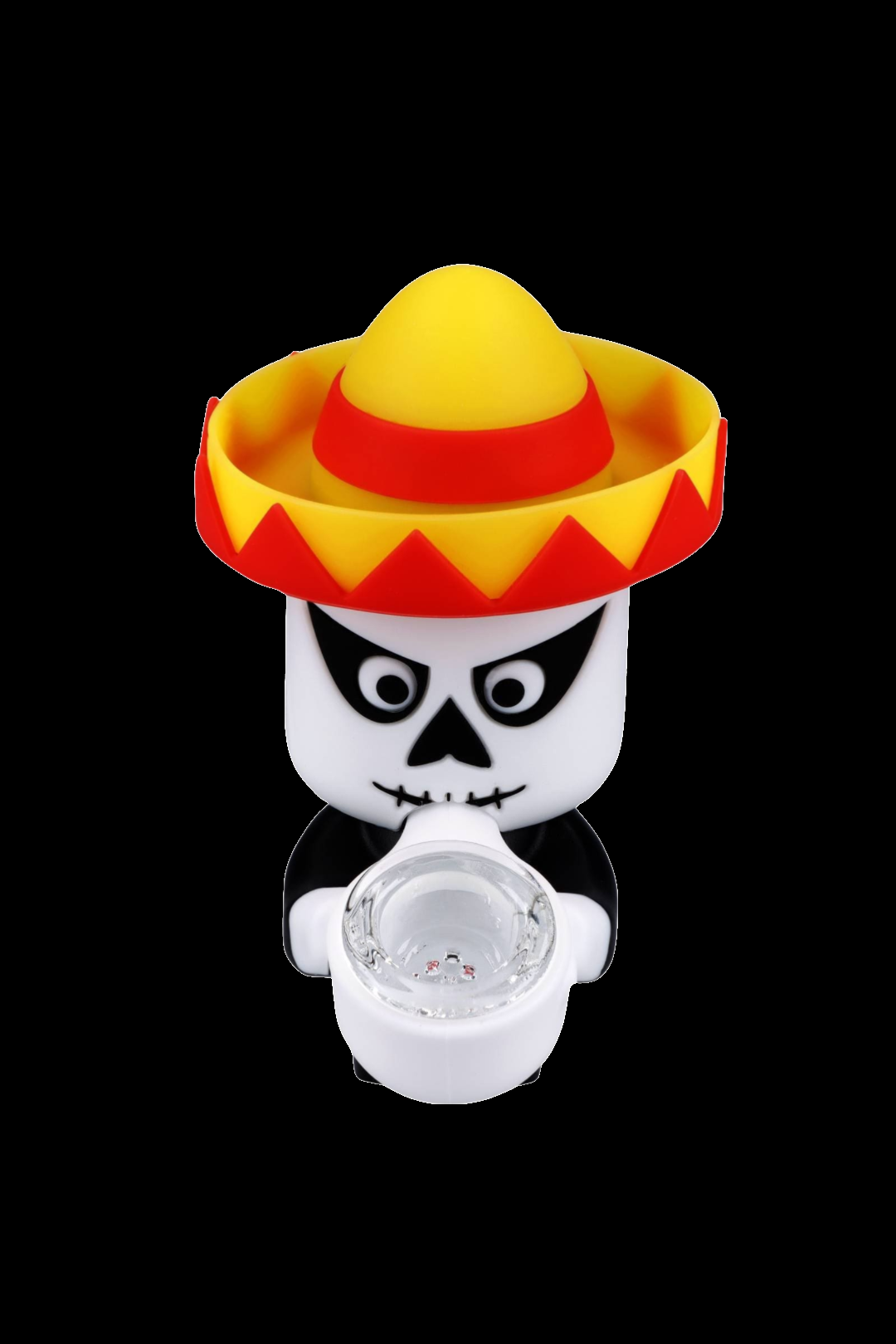 Day of the Dead-themed cannabis pipe with a white skull wearing a yellow sombrero and a glass bowl.