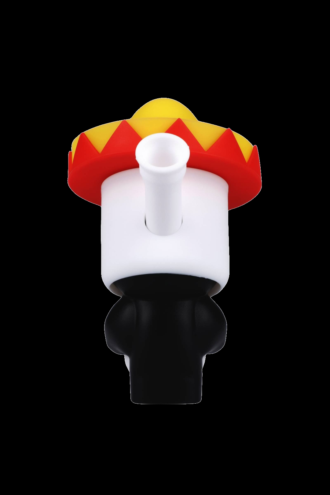 White and black cannabis bubbler with a sombrero-shaped mouthpiece.