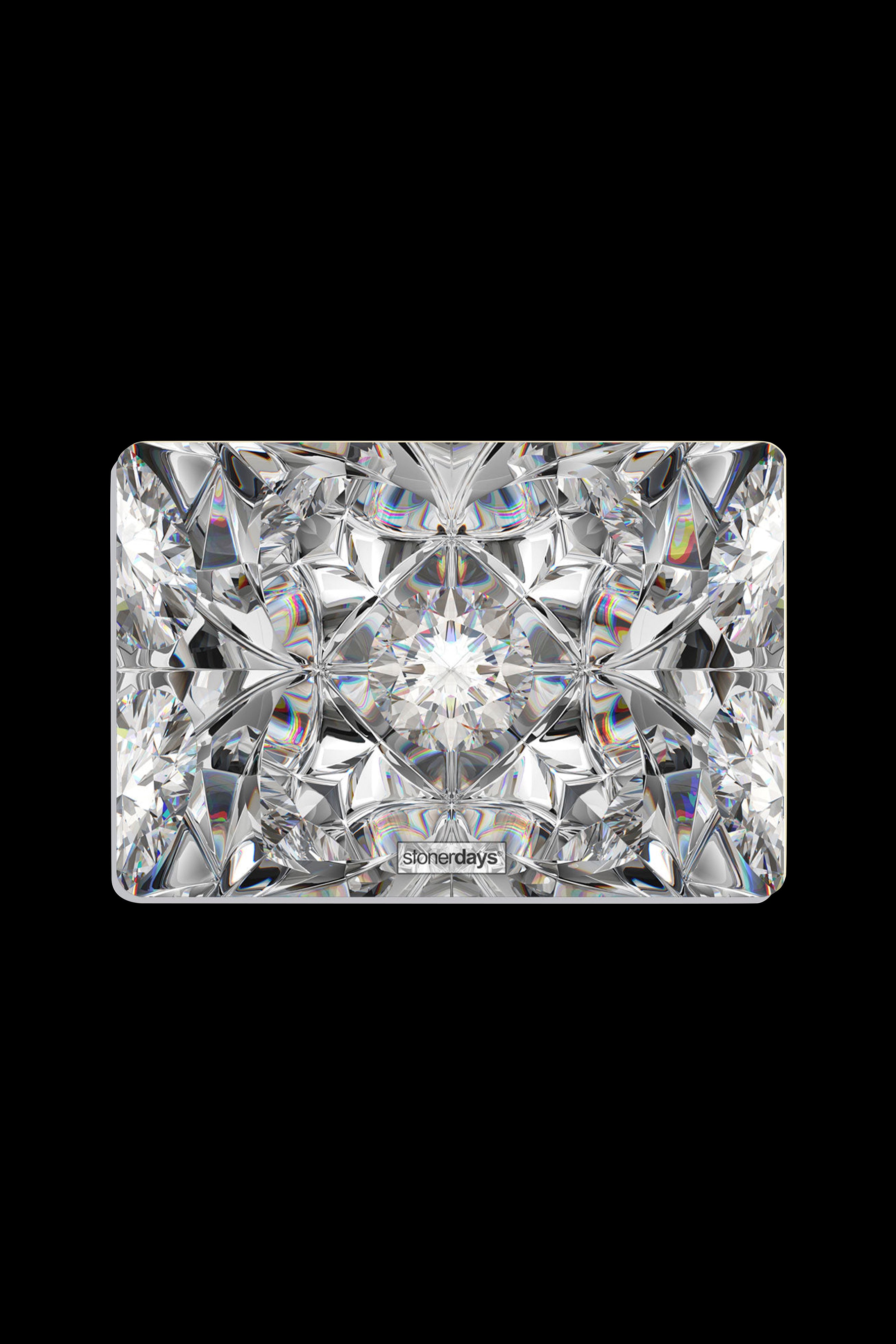 Iridescent cannabis accessory resembling a cut gemstone with “stonerdays” branding.