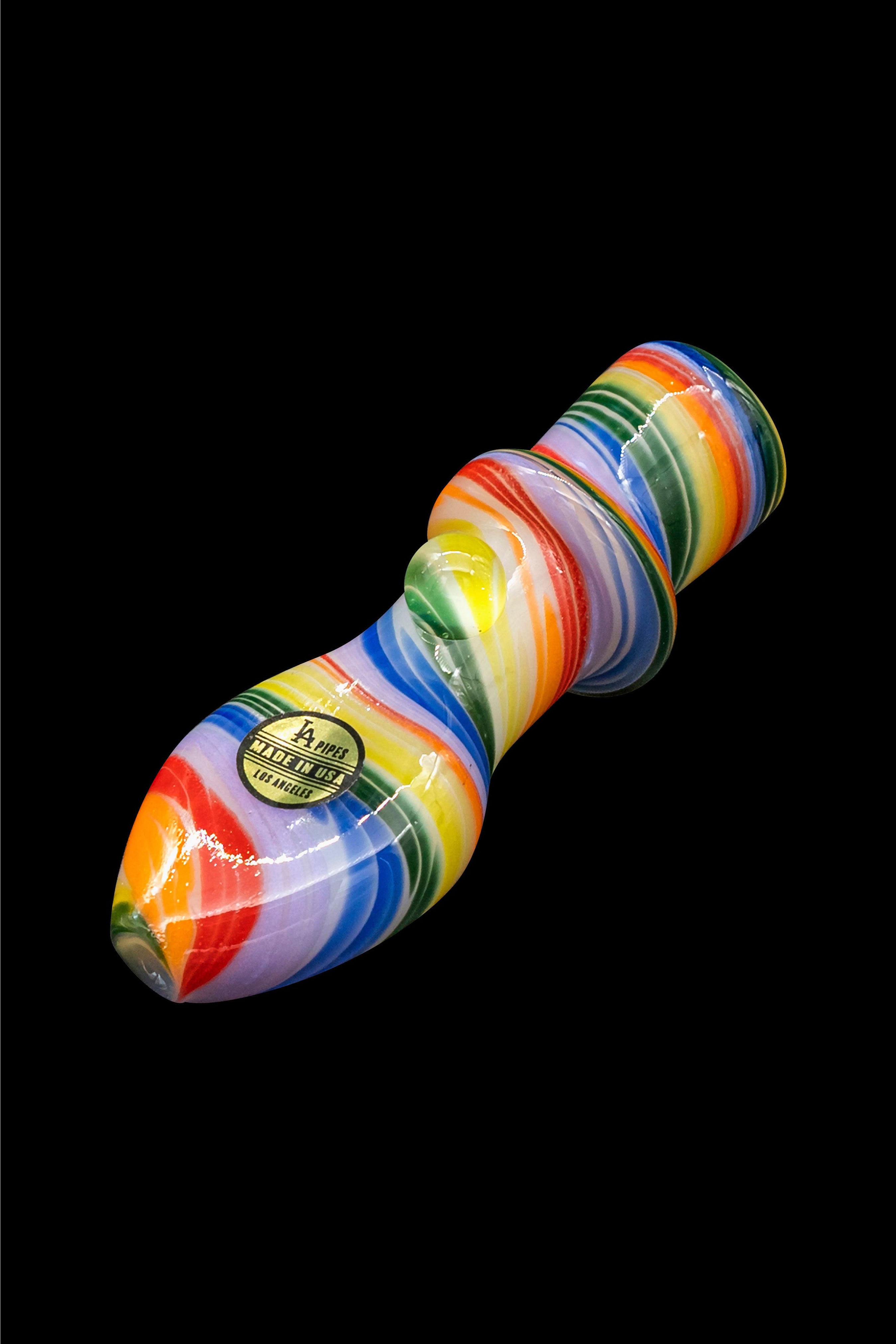 Colorful glass pipe with “JA Pipes - Made in USA” branding against a black background.